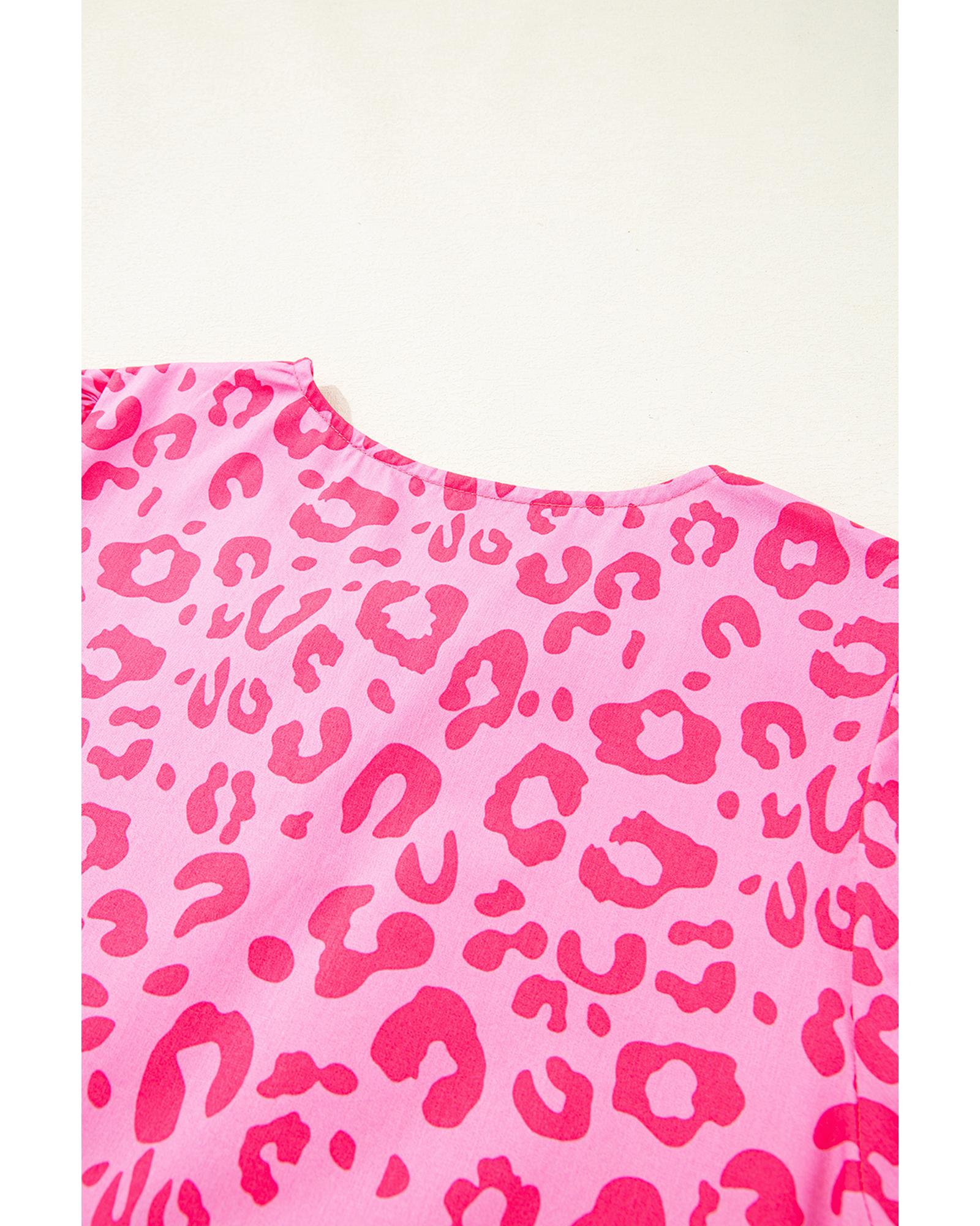 Rose Leopard Puff Sleeve Tie Front High Waist Mini Dress - M