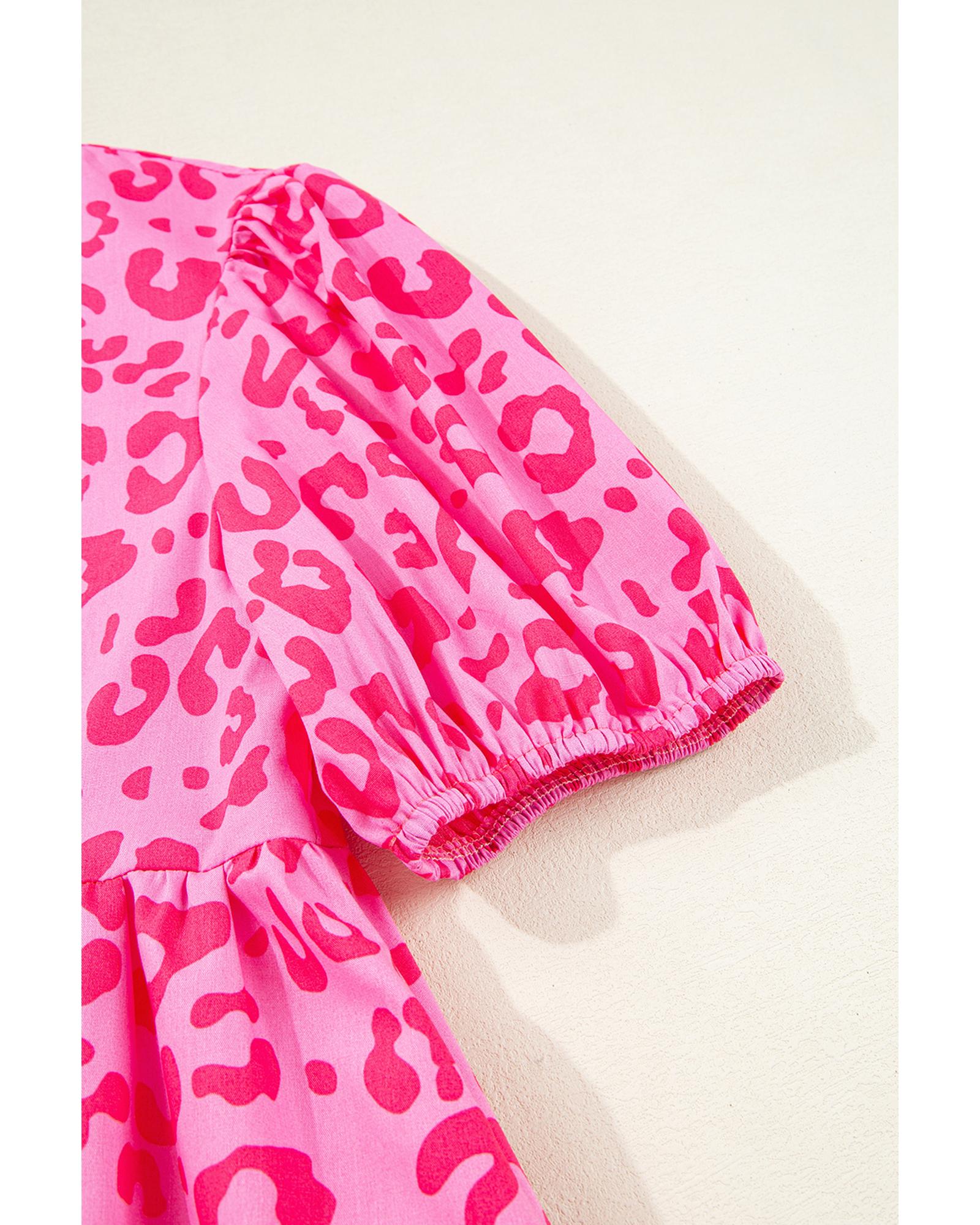 Rose Leopard Puff Sleeve Tie Front High Waist Mini Dress - M