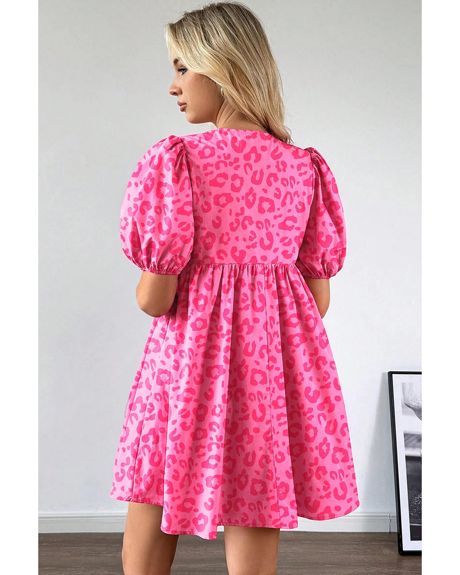 Rose Leopard Puff Sleeve Tie Front High Waist Mini Dress - S