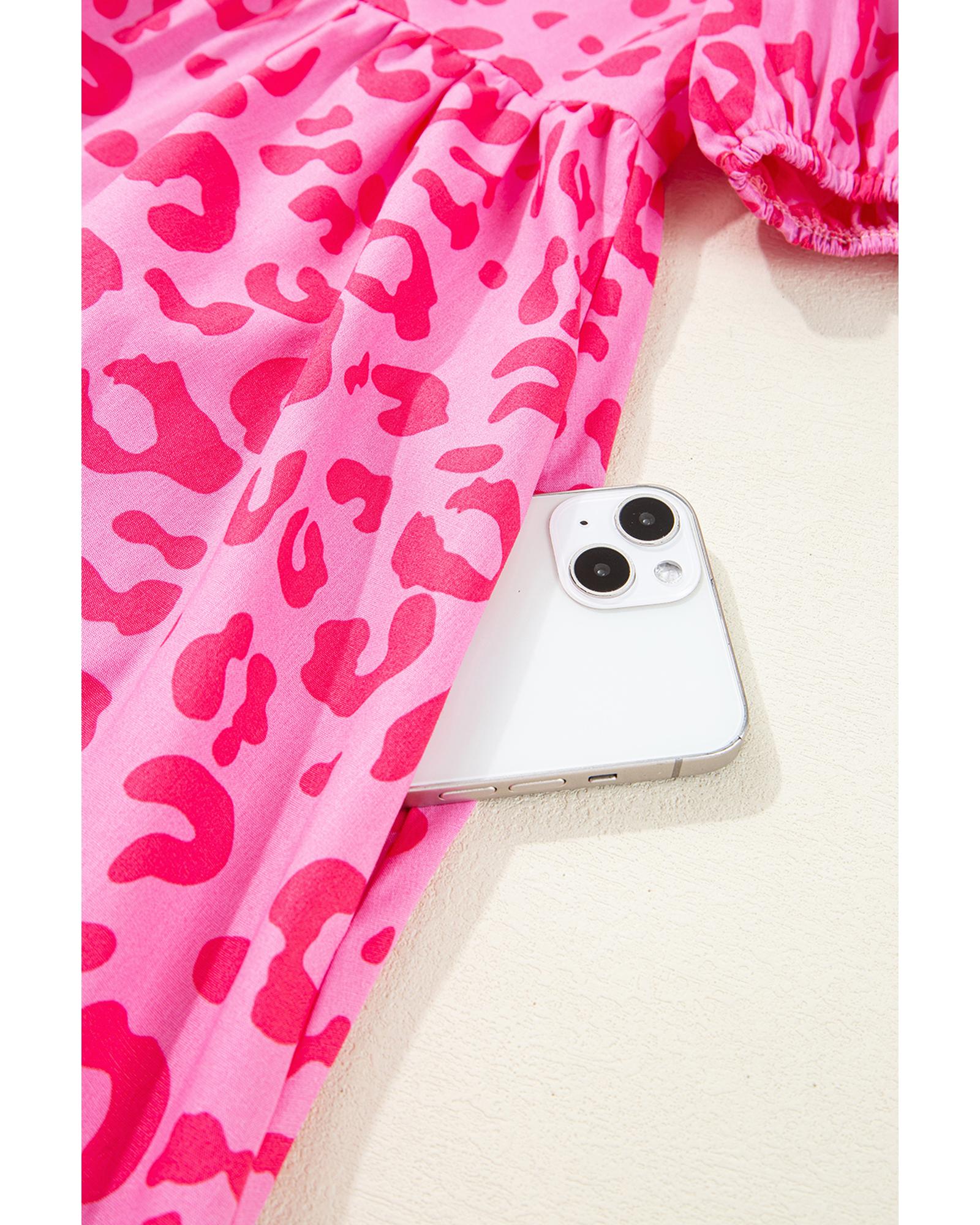 Rose Leopard Puff Sleeve Tie Front High Waist Mini Dress - S