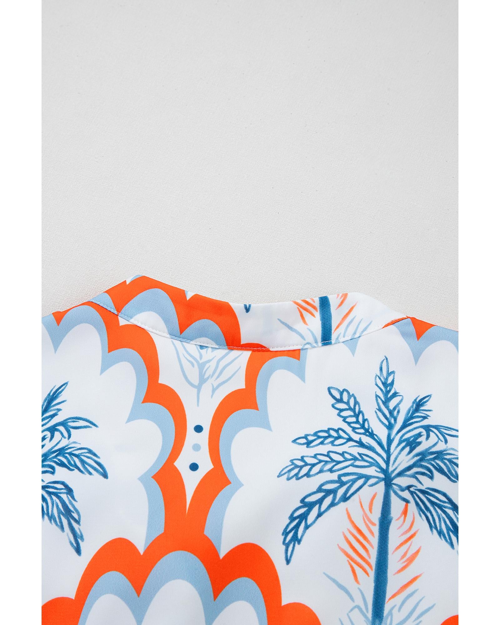 Orange Contrast Palm Tree Printed Short Sleeve Flowy Dress - L