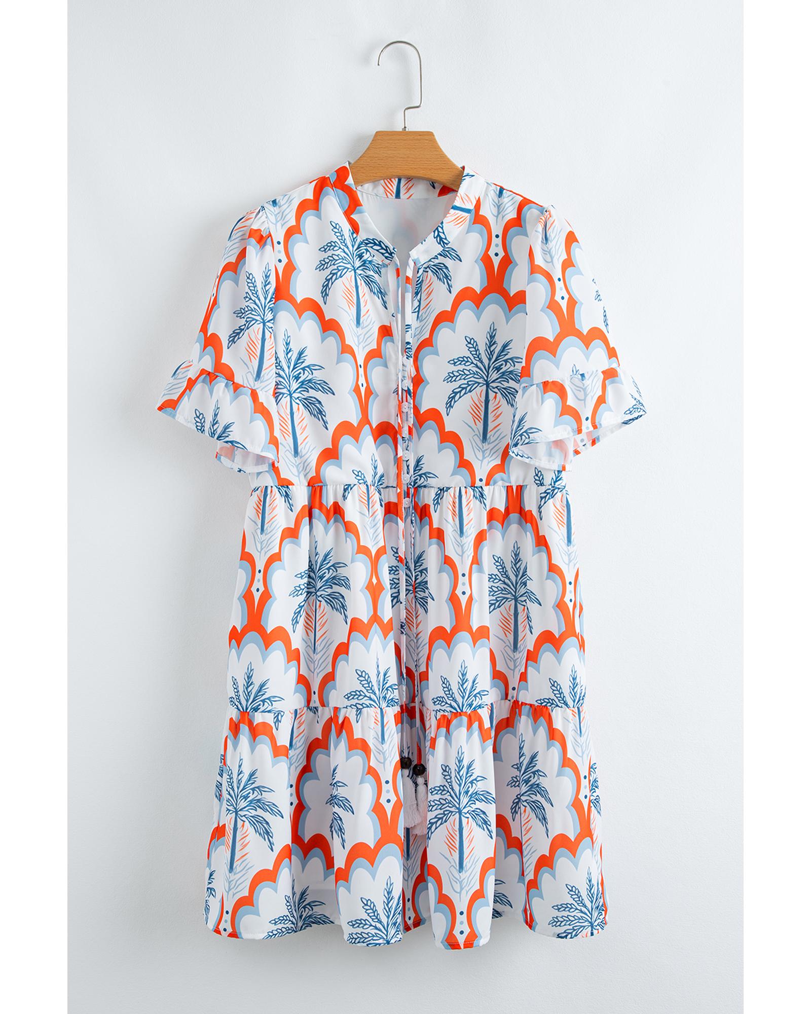 Orange Contrast Palm Tree Printed Short Sleeve Flowy Dress - M