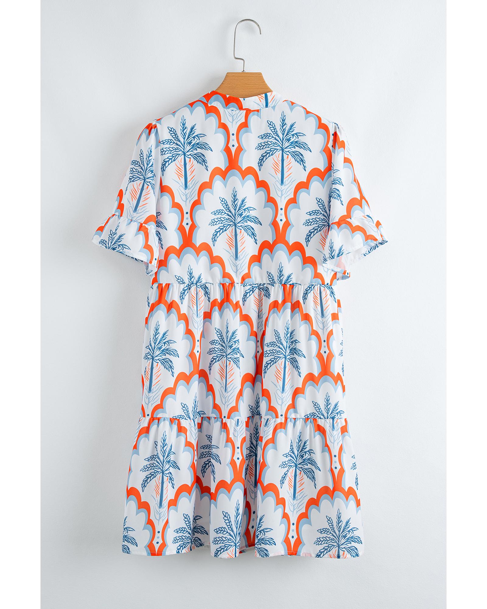 Orange Contrast Palm Tree Printed Short Sleeve Flowy Dress - M