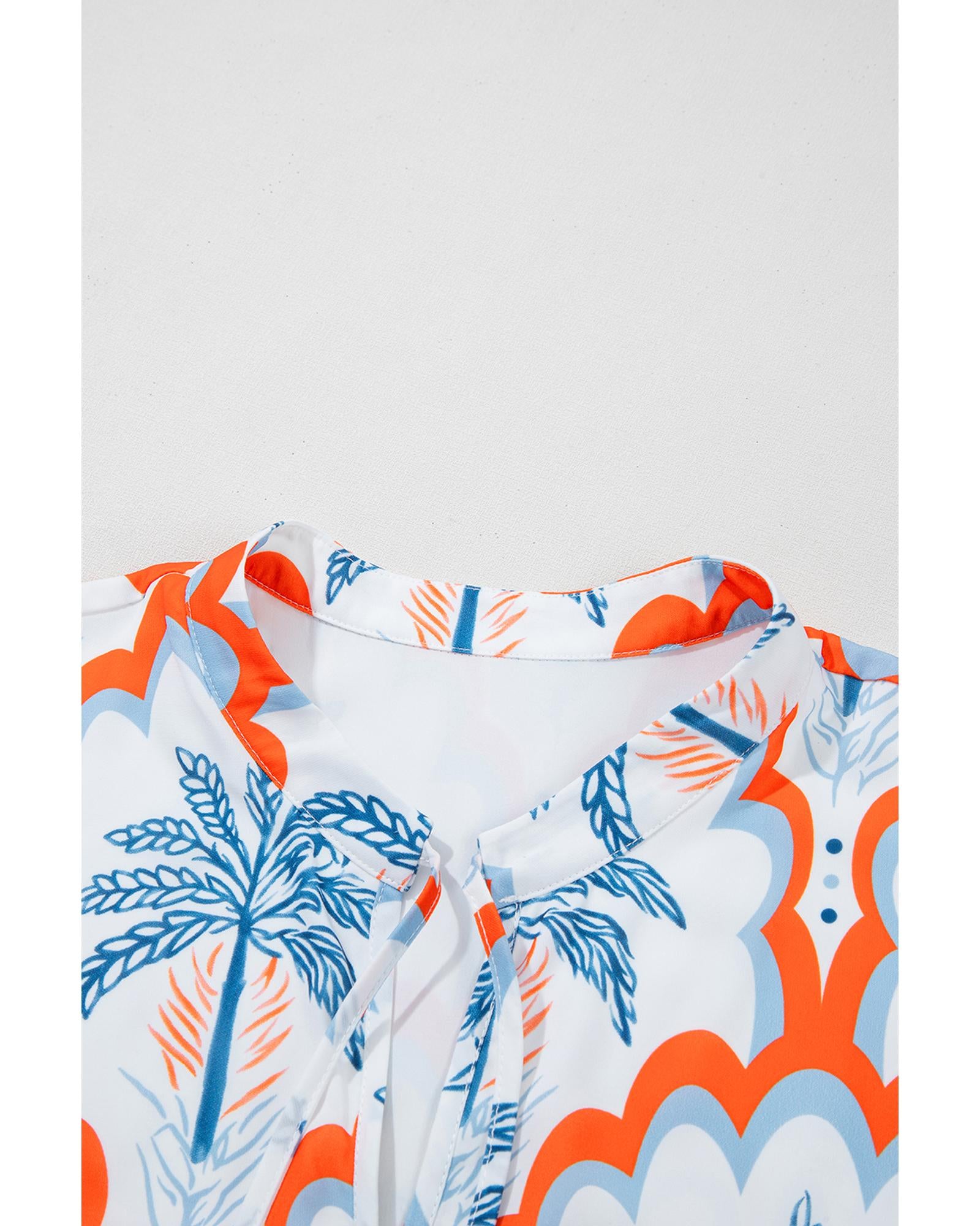 Orange Contrast Palm Tree Printed Short Sleeve Flowy Dress - M