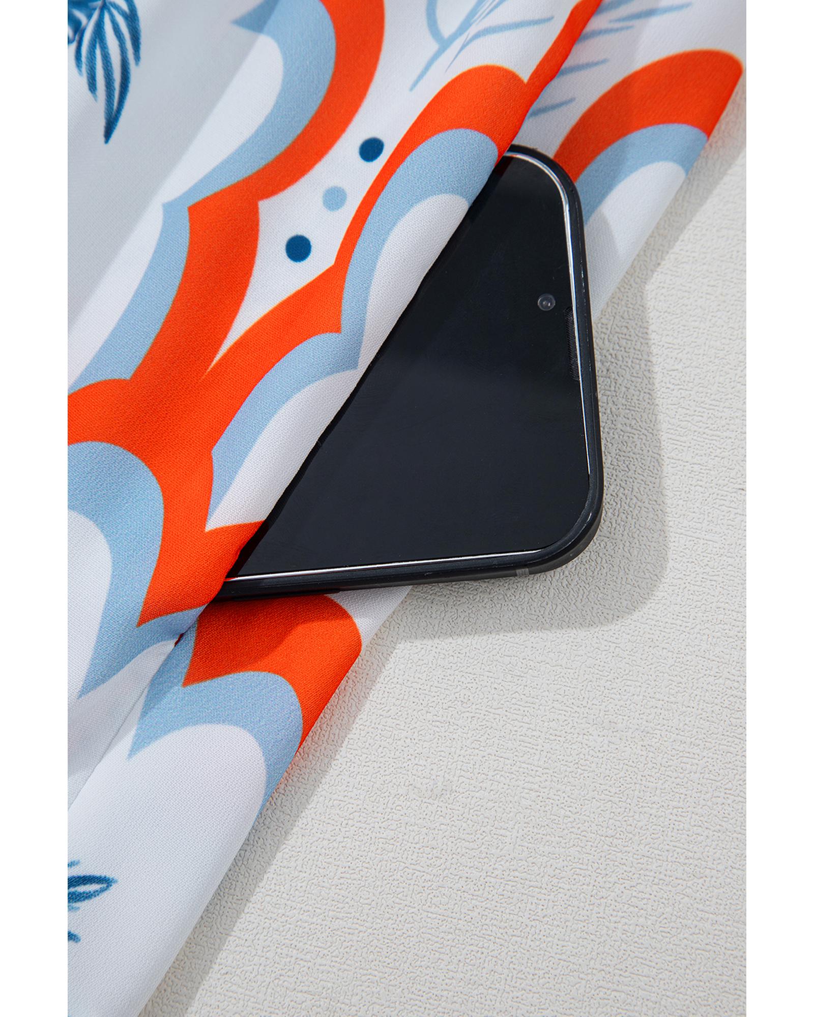 Orange Contrast Palm Tree Printed Short Sleeve Flowy Dress - M