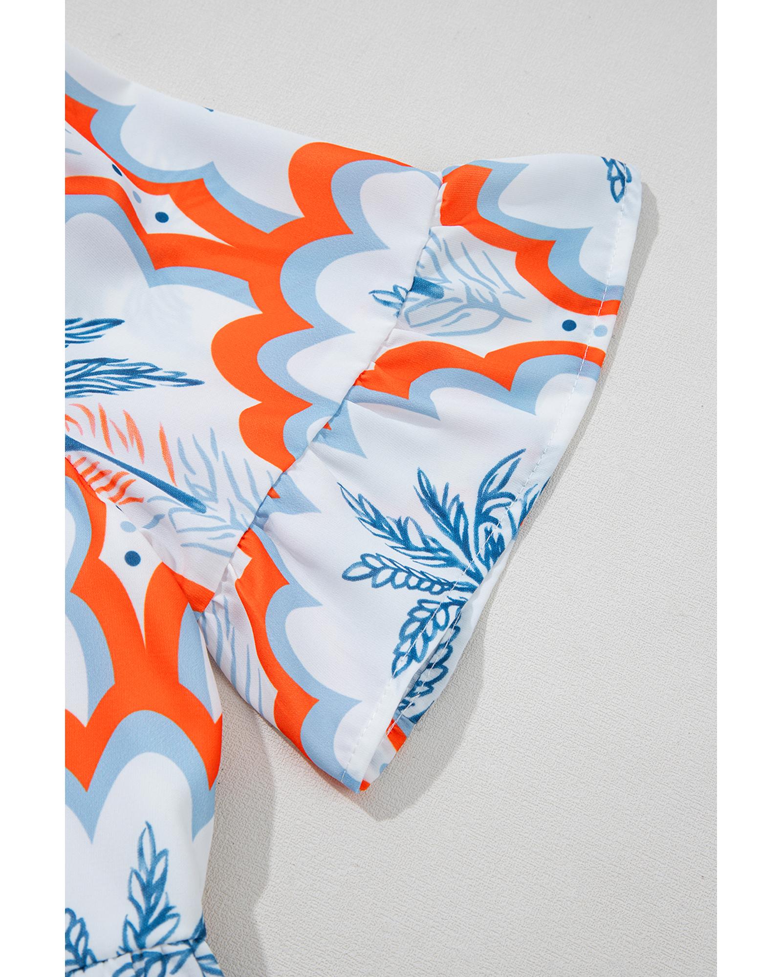 Orange Contrast Palm Tree Printed Short Sleeve Flowy Dress - M
