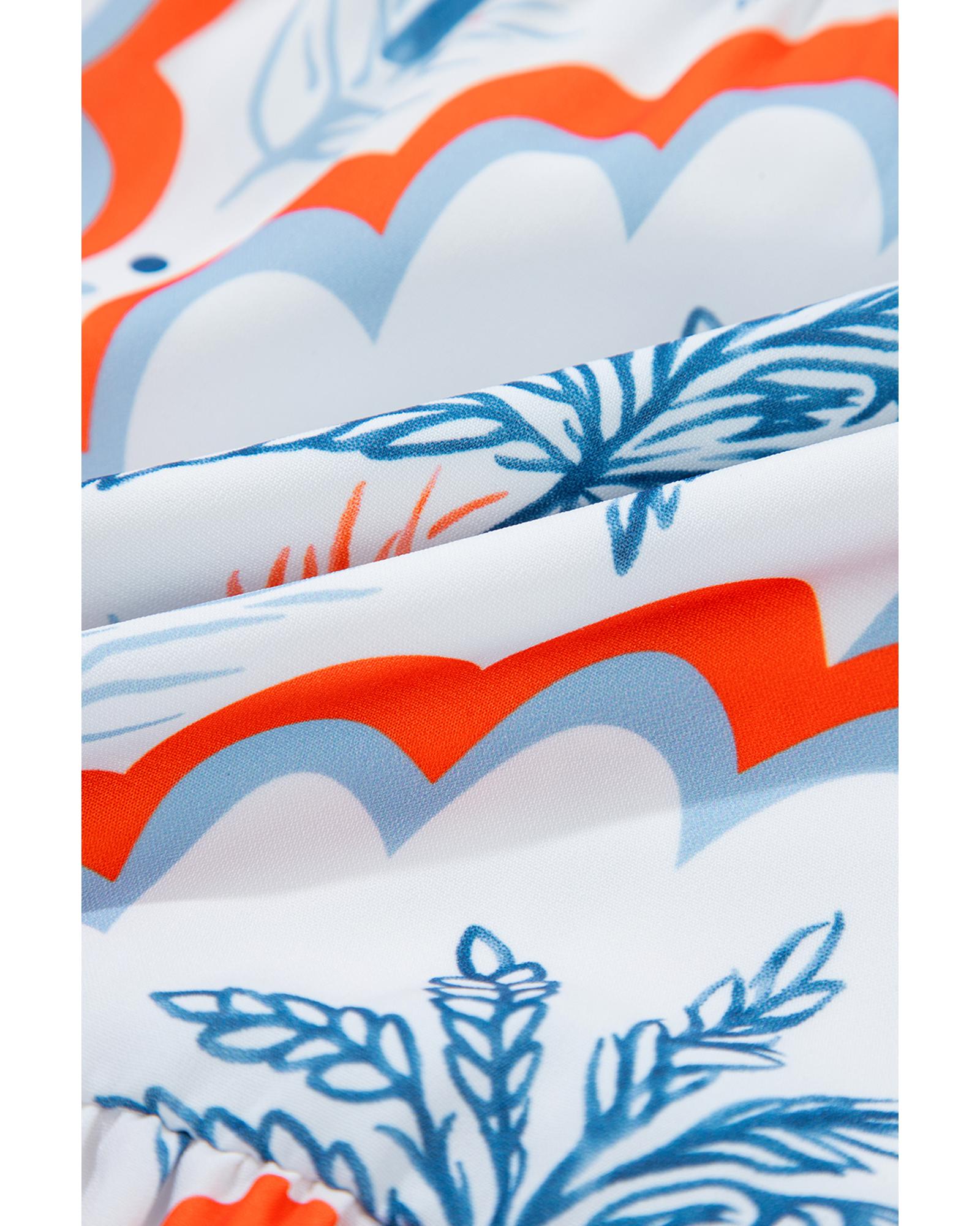 Orange Contrast Palm Tree Printed Short Sleeve Flowy Dress - M