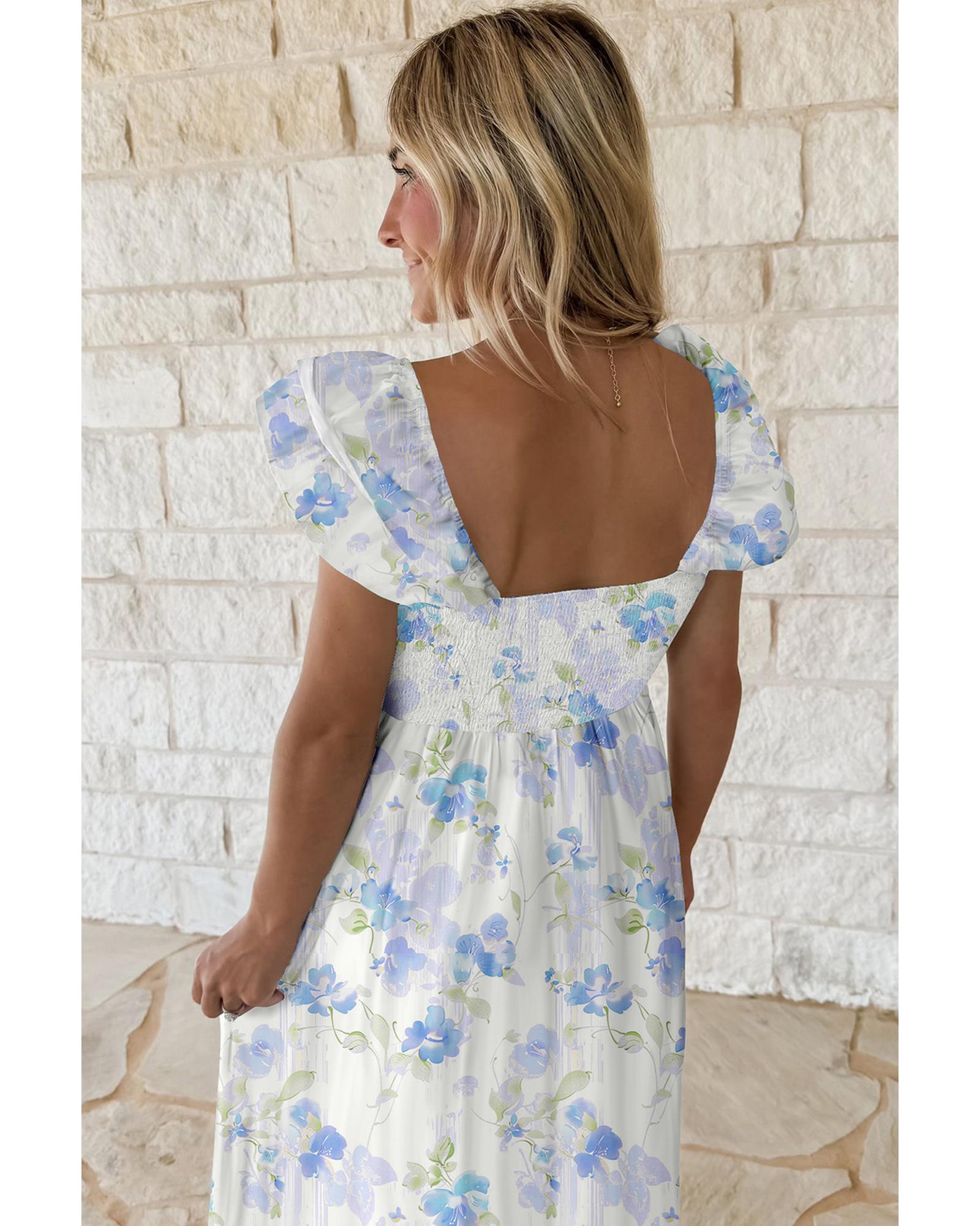 Sky Blue Floral Smocked High Waist Double Ruffle Sleeveless Long Dress - M
