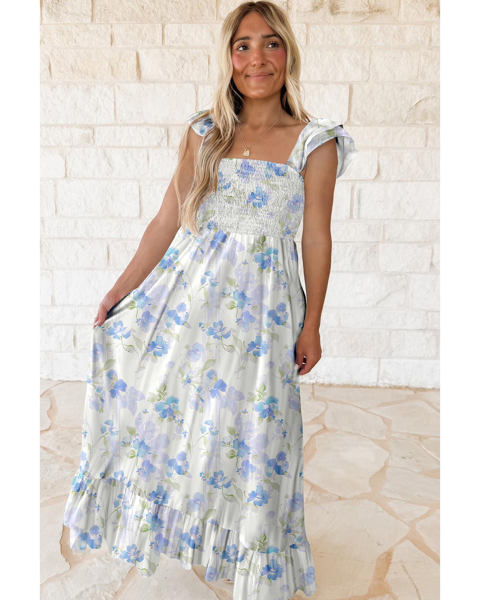 Sky Blue Floral Smocked High Waist Double Ruffle Sleeveless Long Dress - M