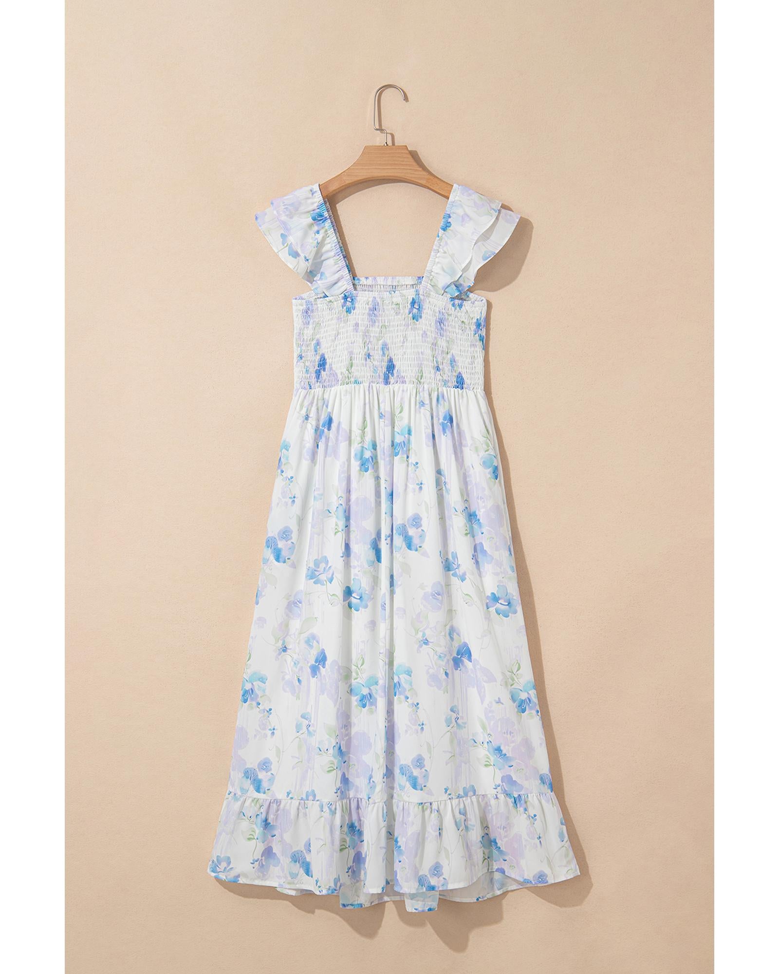 Sky Blue Floral Smocked High Waist Double Ruffle Sleeveless Long Dress - M