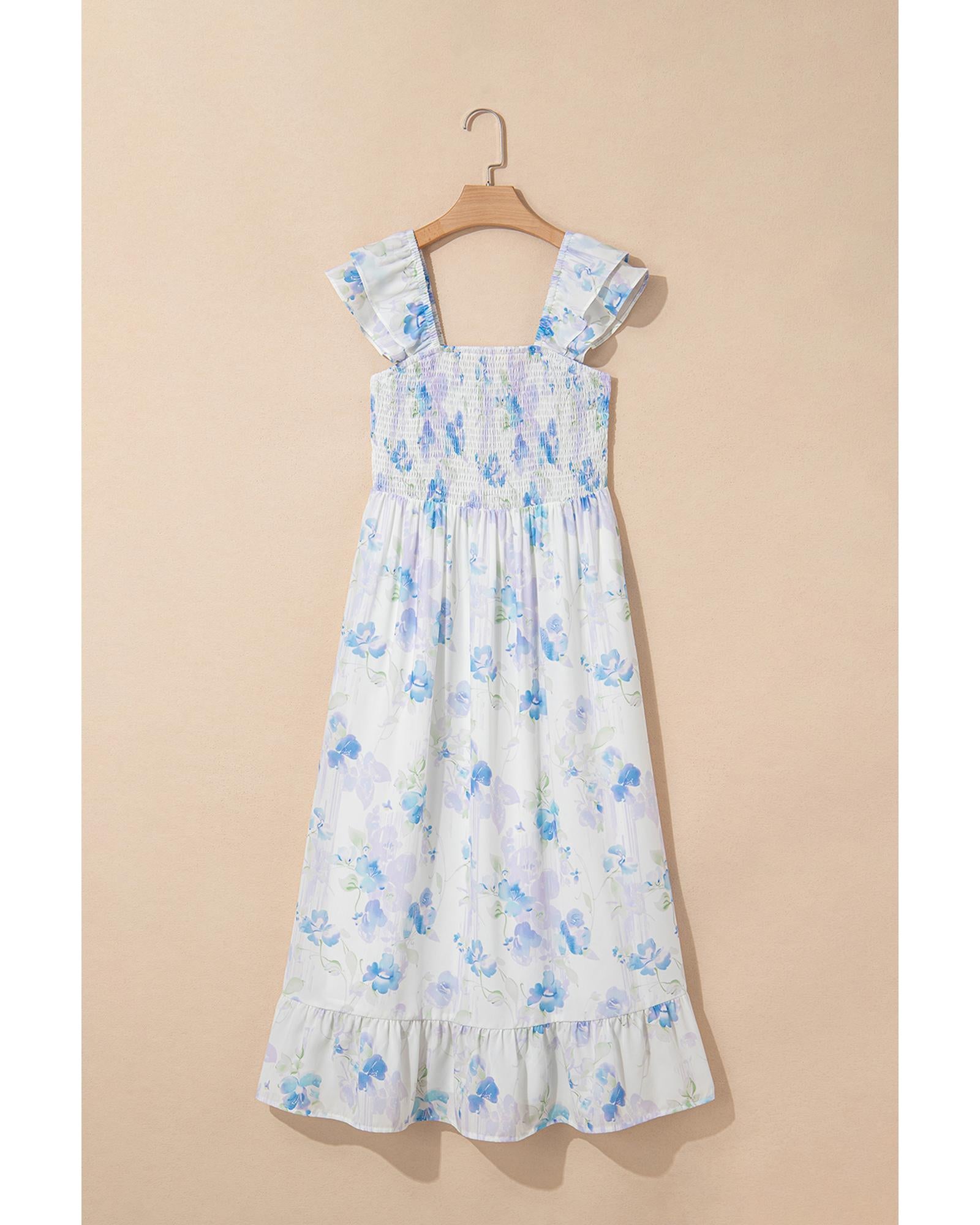 Sky Blue Floral Smocked High Waist Double Ruffle Sleeveless Long Dress - M