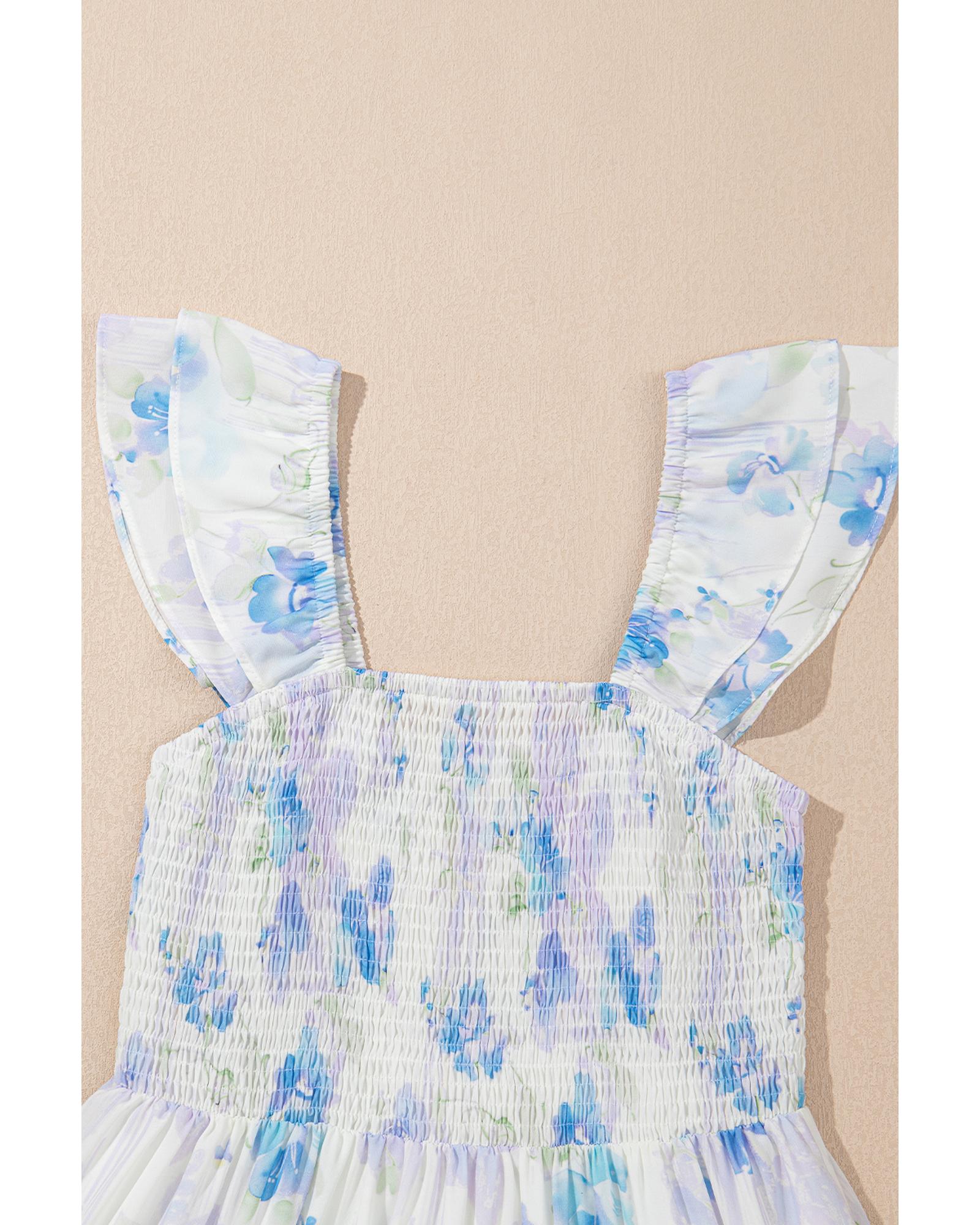 Sky Blue Floral Smocked High Waist Double Ruffle Sleeveless Long Dress - M