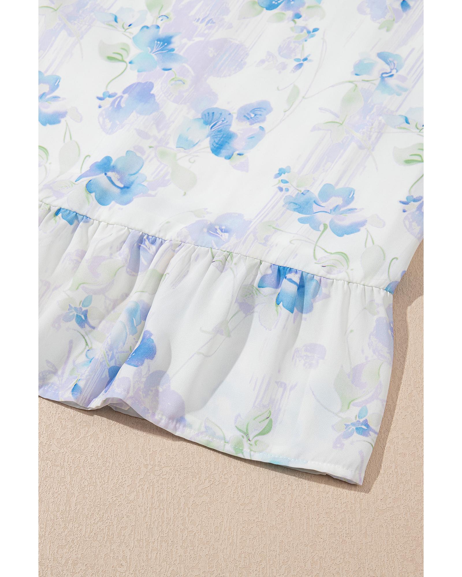 Sky Blue Floral Smocked High Waist Double Ruffle Sleeveless Long Dress - M