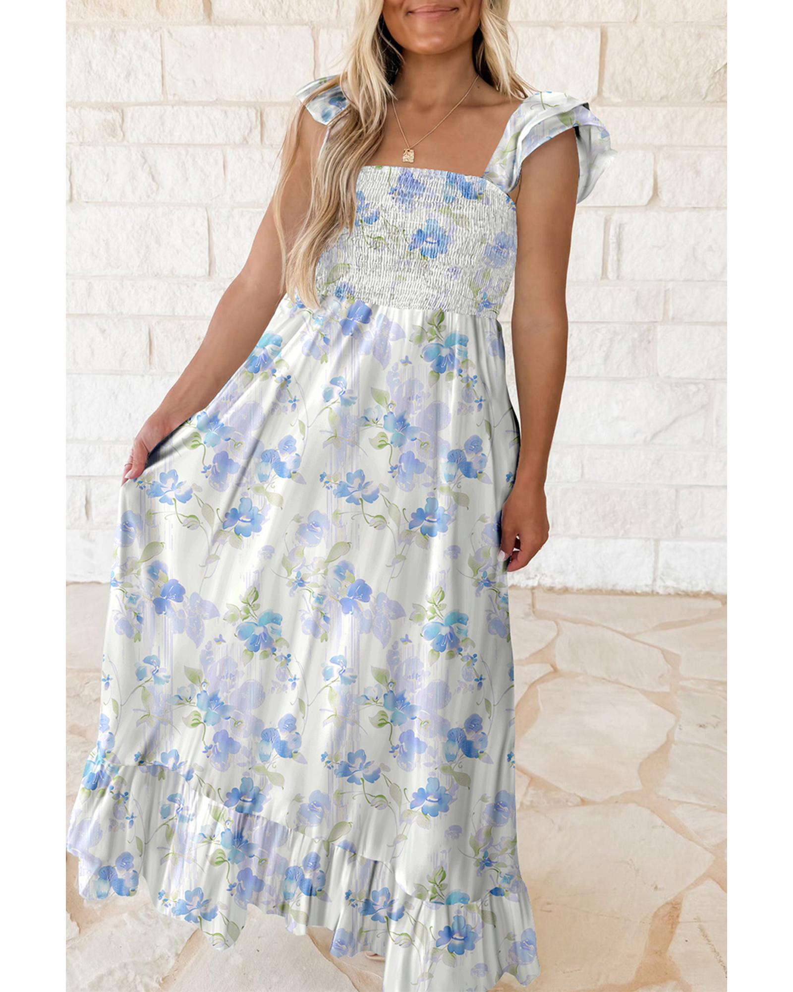 Sky Blue Floral Smocked High Waist Double Ruffle Sleeveless Long Dress - XL