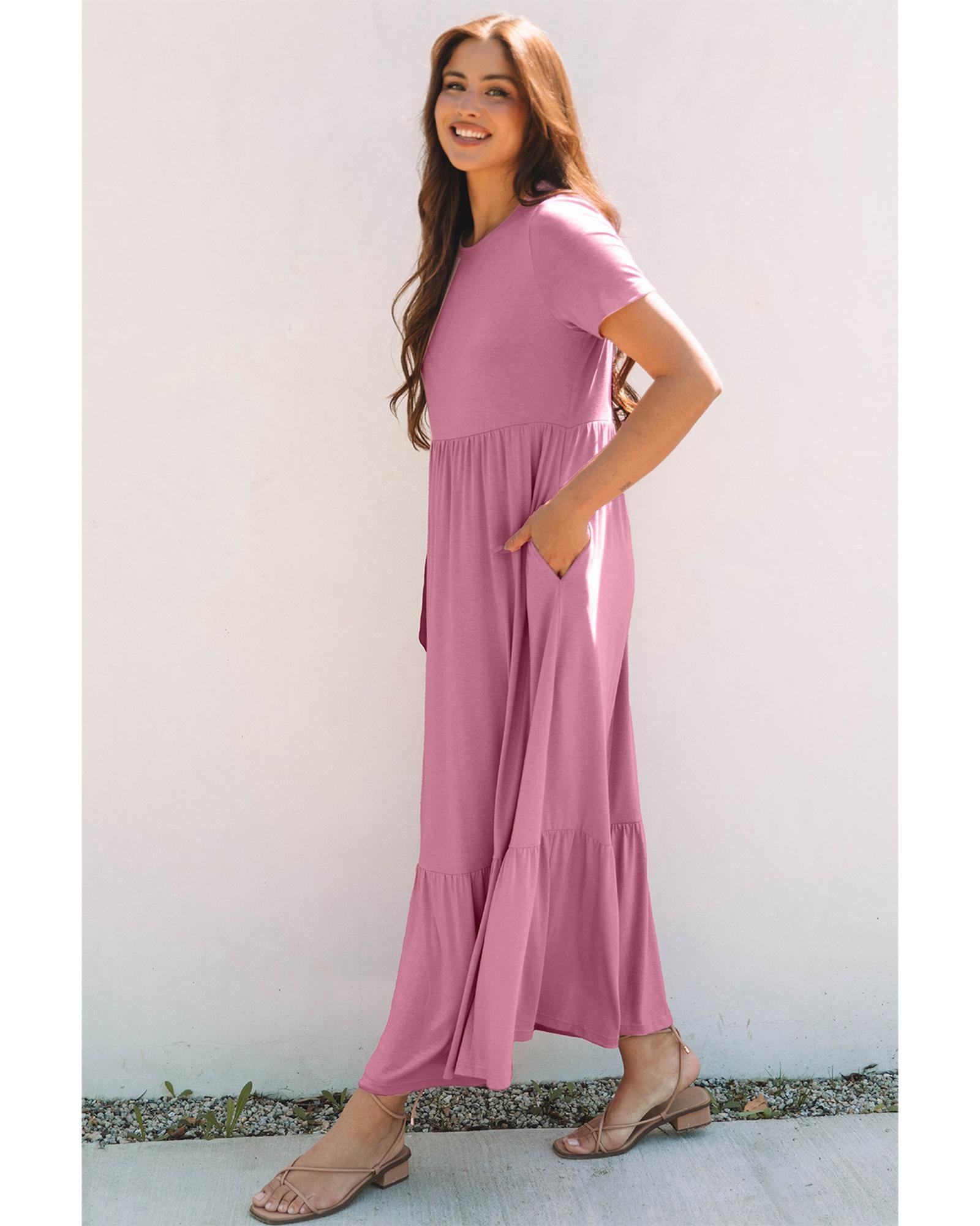 Pink Solid Color T-shirt High Waist Pocketed Long Dress - M