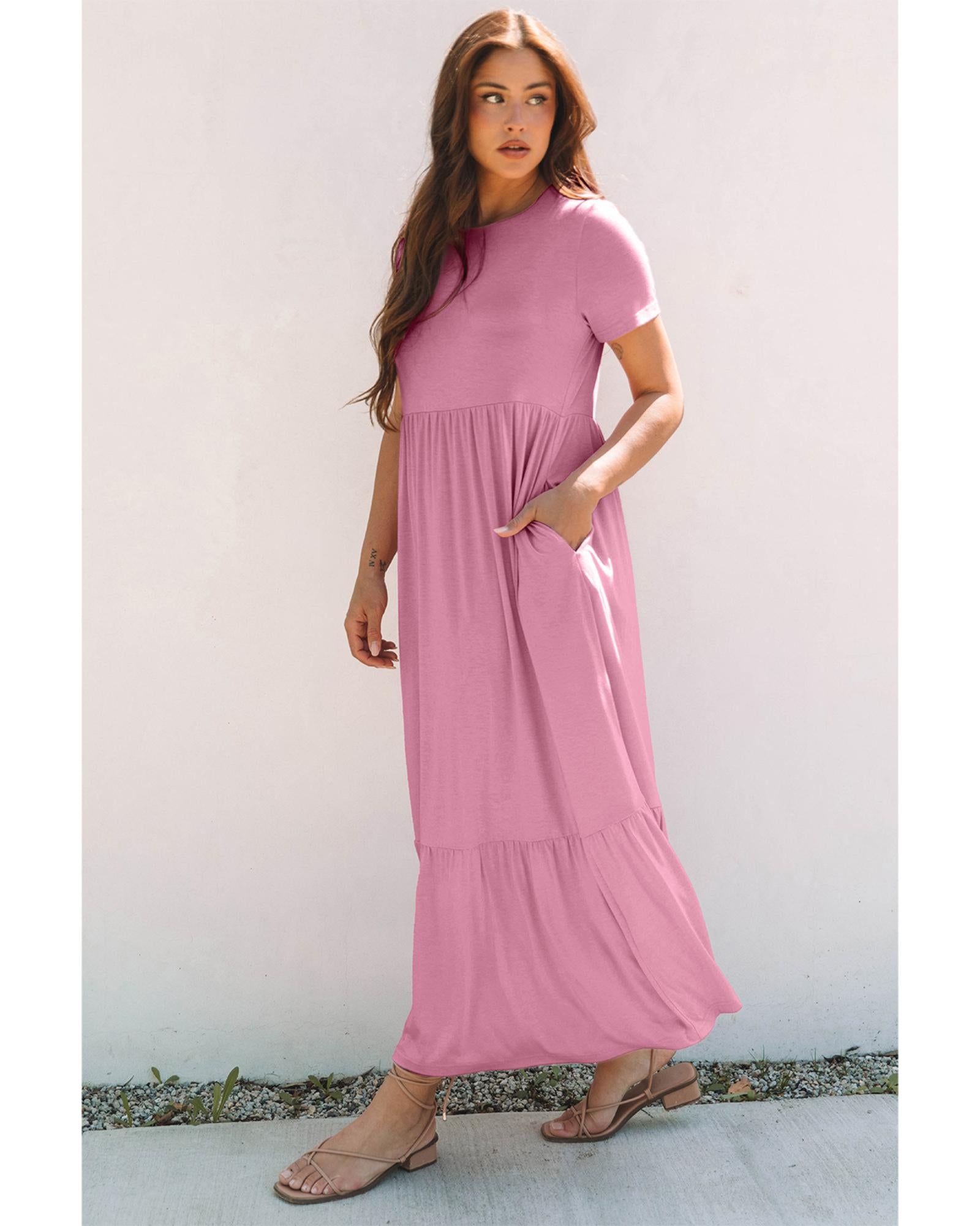 Pink Solid Color T-shirt High Waist Pocketed Long Dress - M