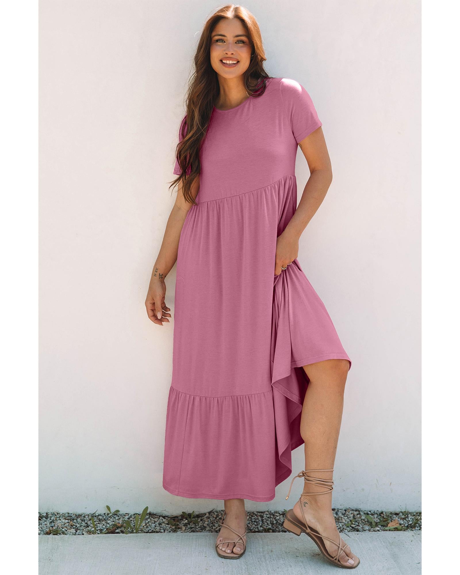 Pink Solid Color T-shirt High Waist Pocketed Long Dress - M