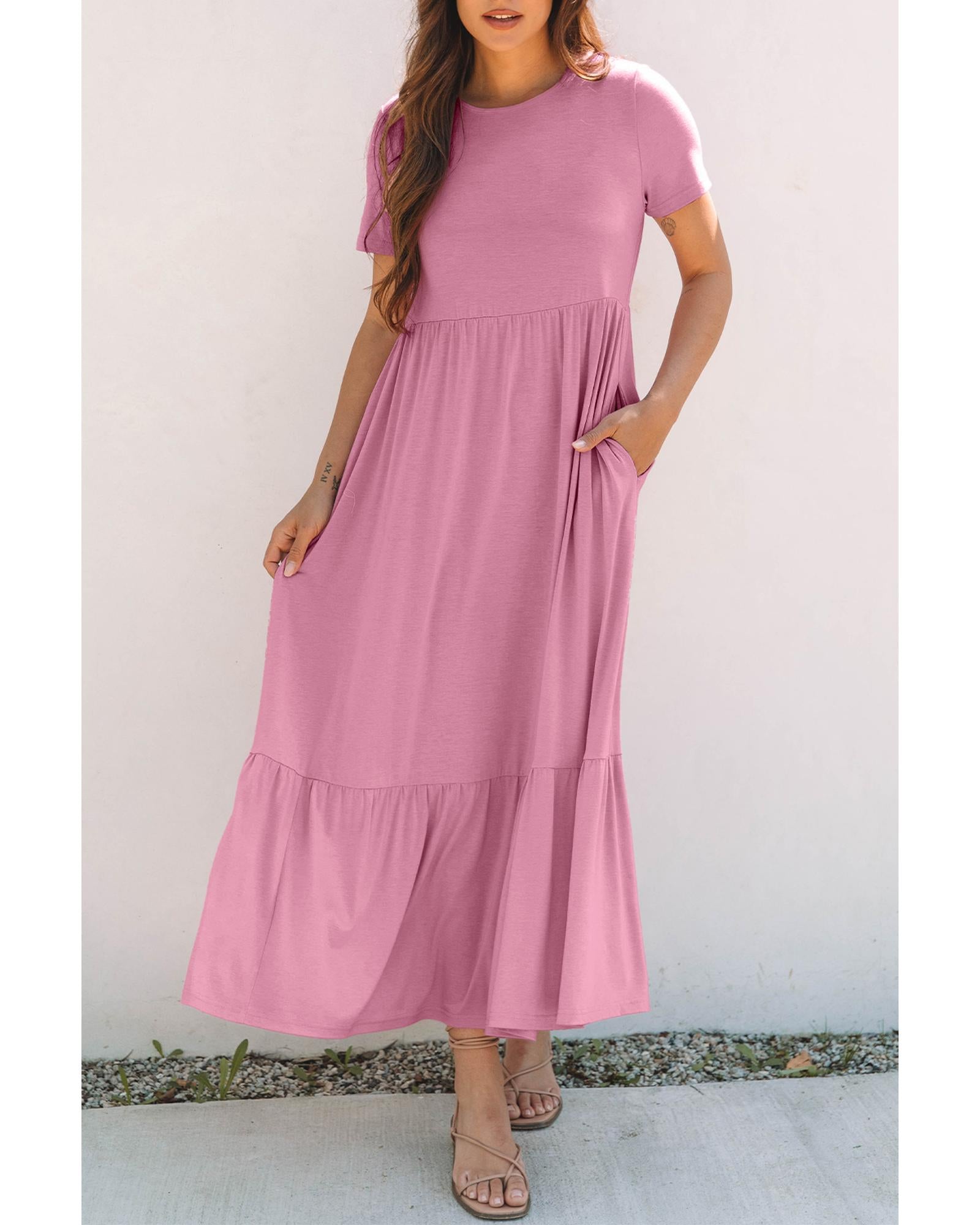 Pink Solid Color T-shirt High Waist Pocketed Long Dress - M
