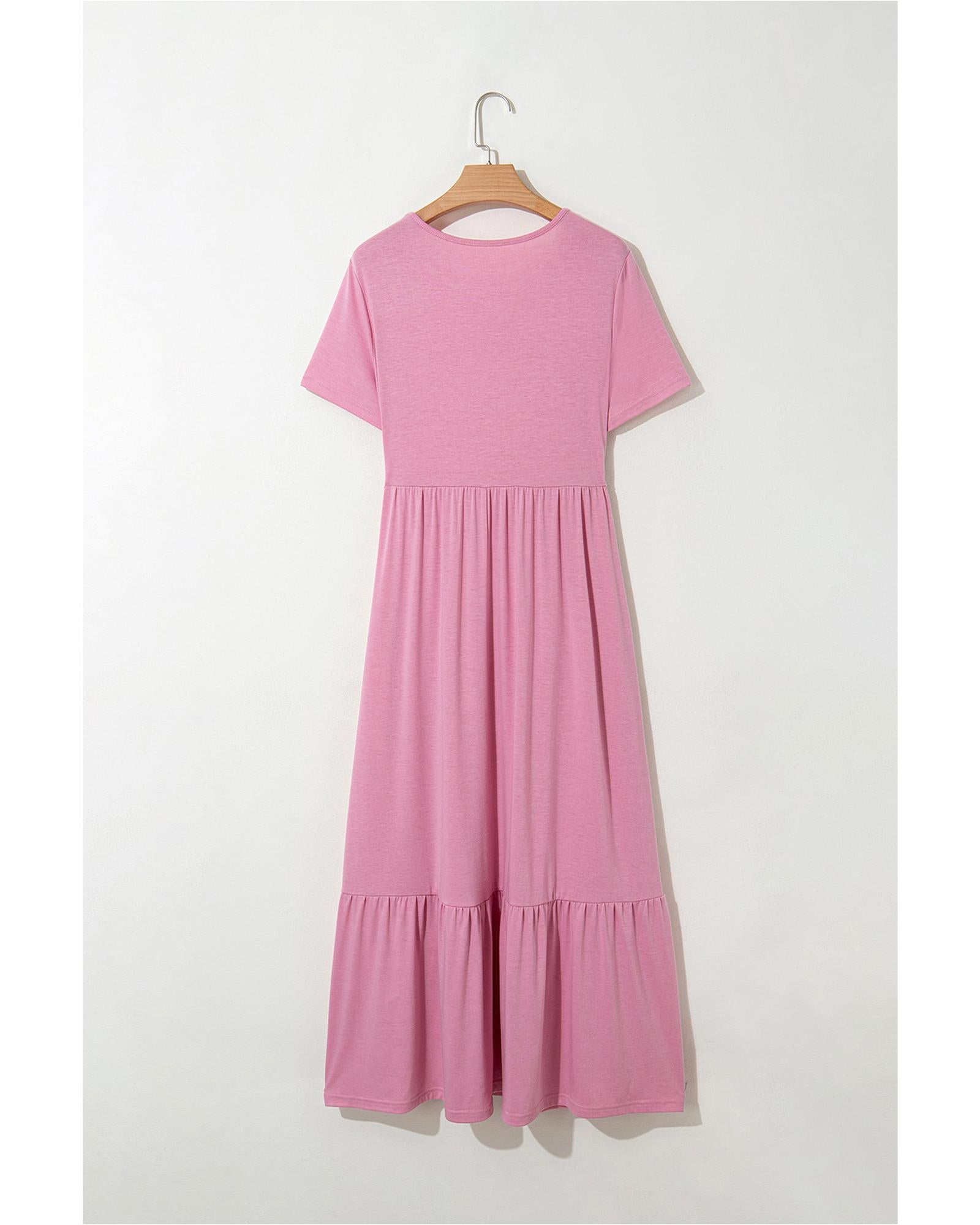 Pink Solid Color T-shirt High Waist Pocketed Long Dress - M