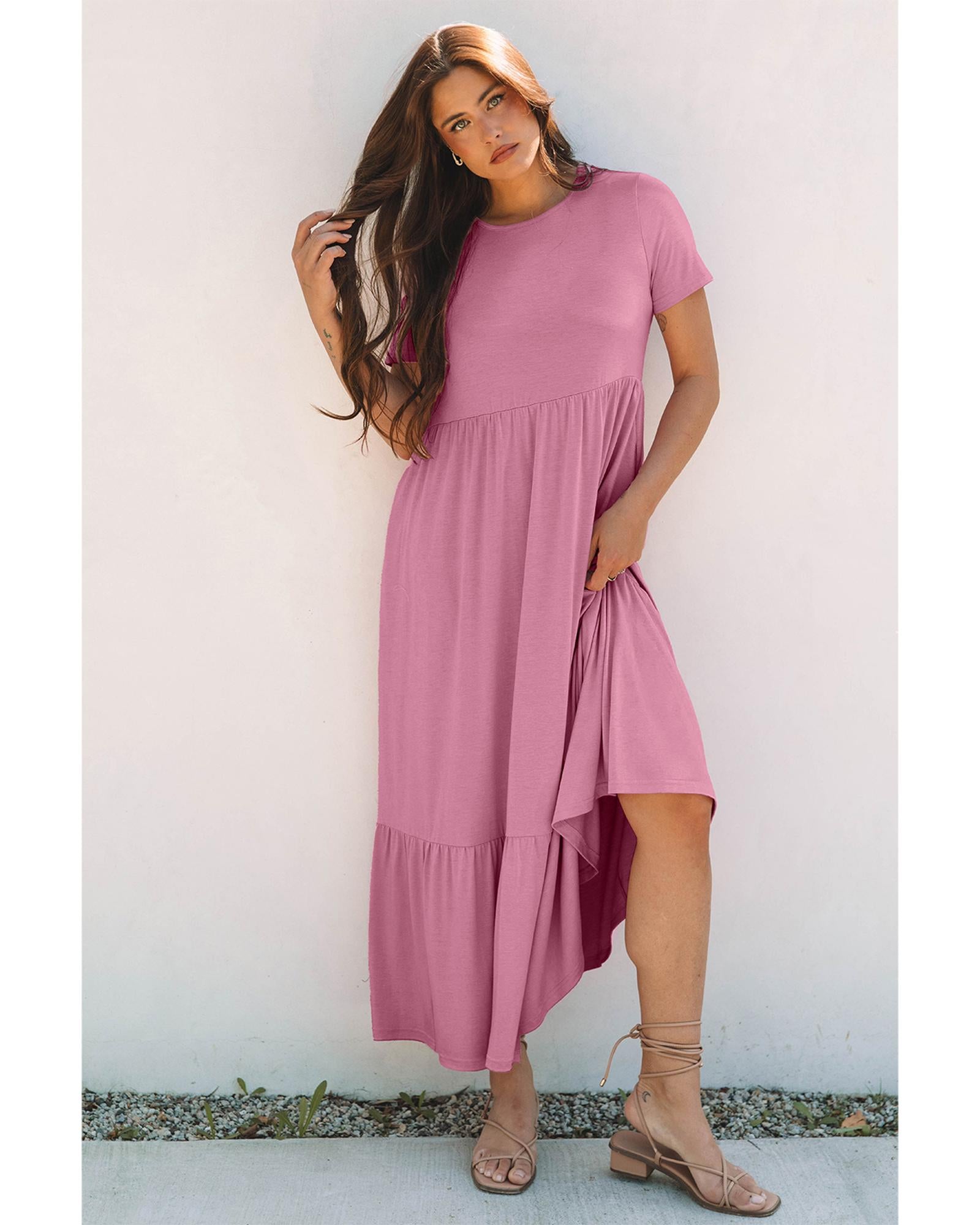 Pink Solid Color T-shirt High Waist Pocketed Long Dress - S