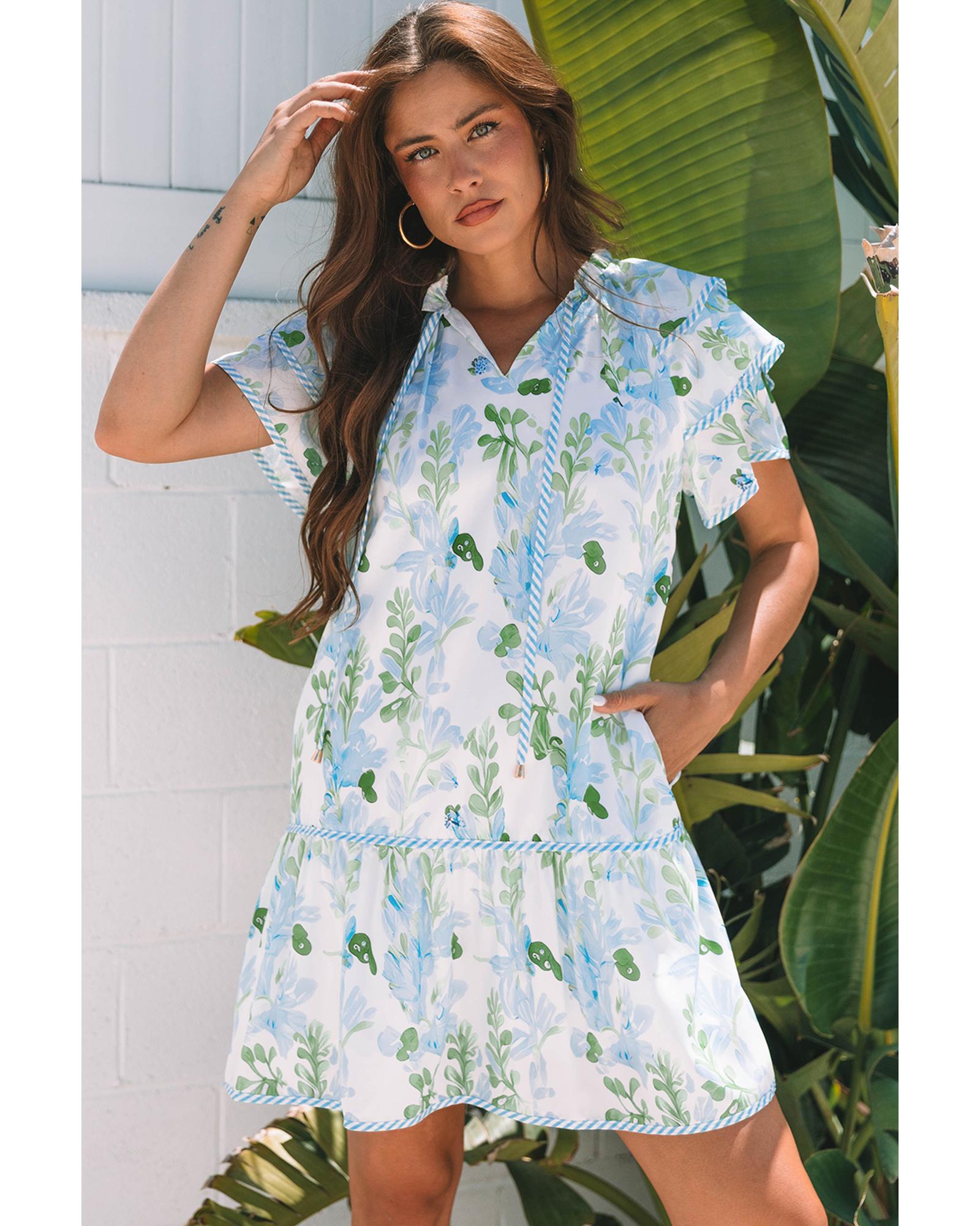 Sky Blue Floral Contrast Edge Layered Short Sleeve Mini Dress - S