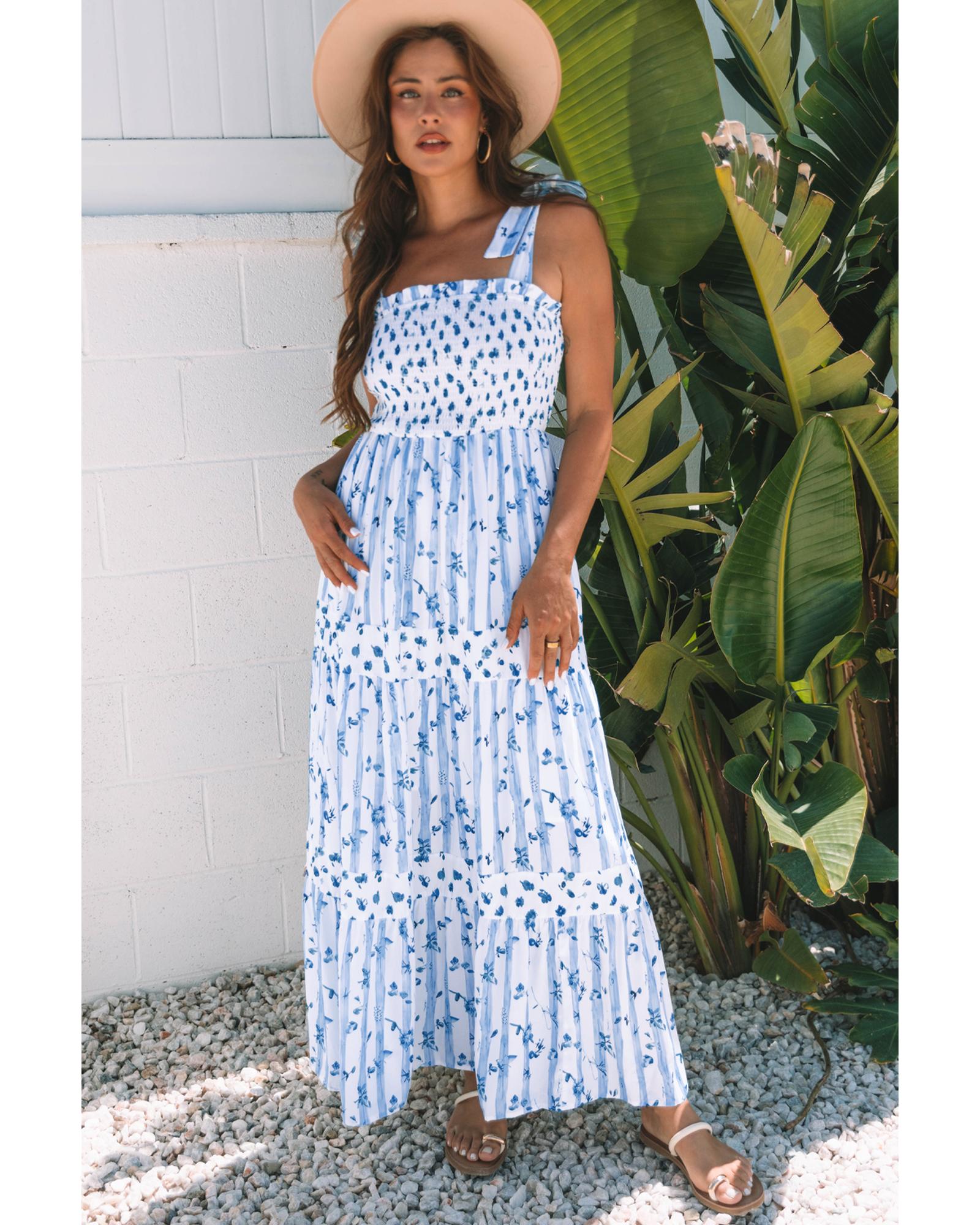 Sky Blue Floral Smocked Tied Straps A-Lined Tiered Maxi Dress - XL