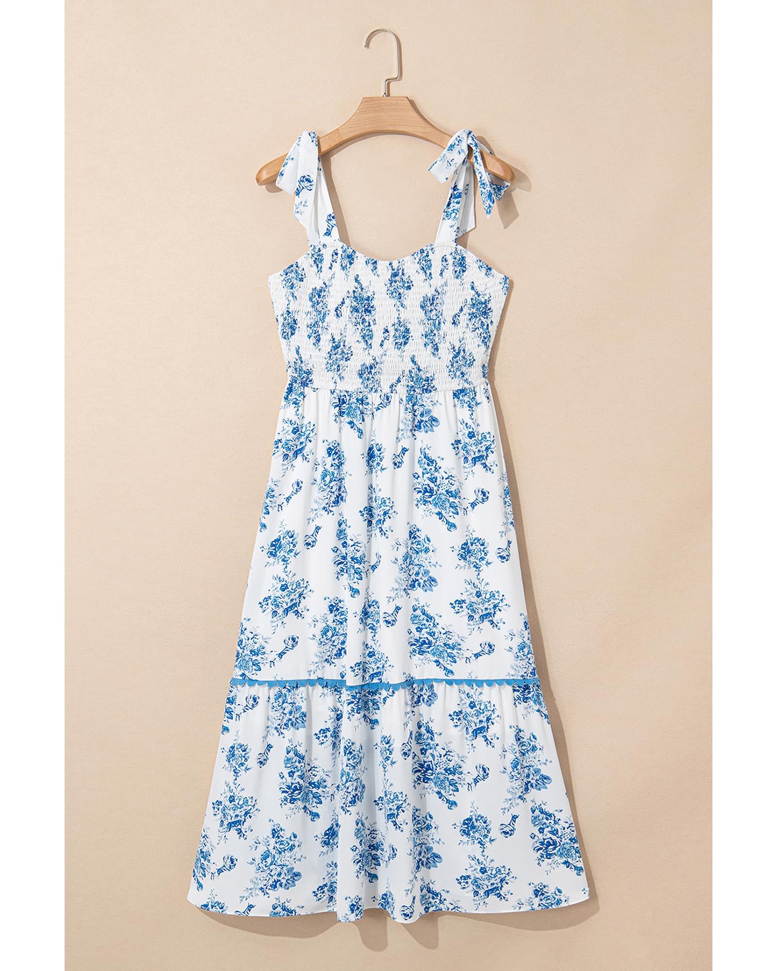 Sky Blue Floral Print Shirred Knot Shoulder Sleeveless Long Dress - M