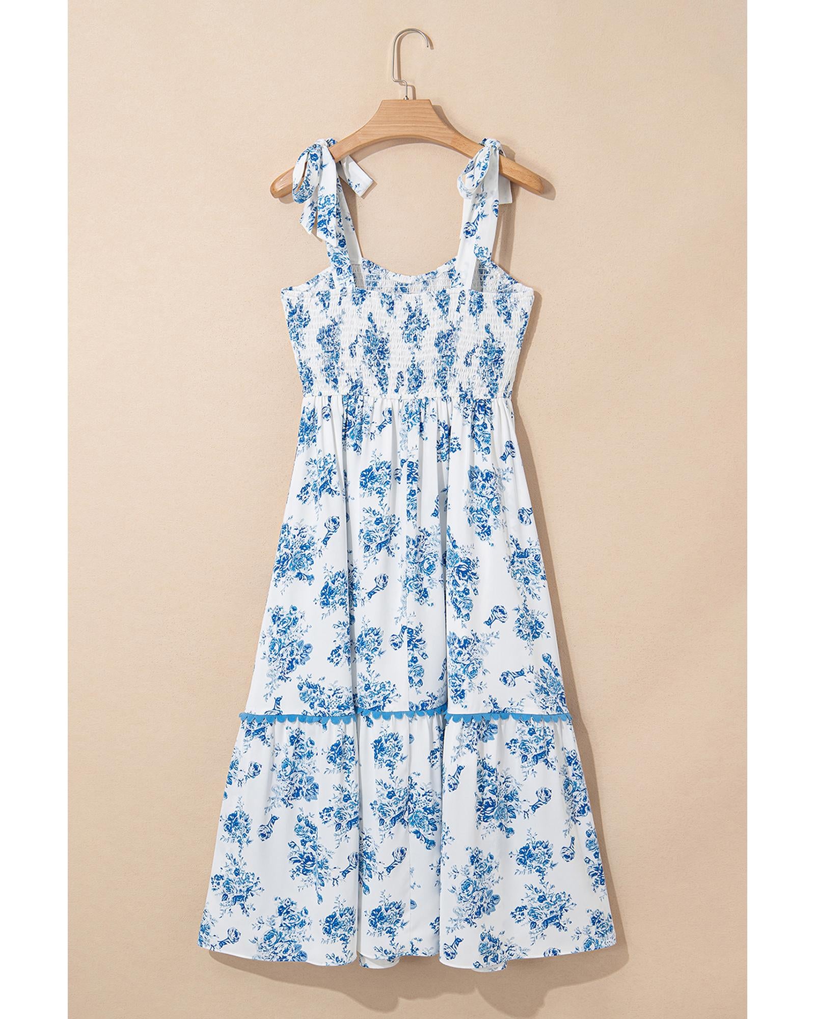 Sky Blue Floral Print Shirred Knot Shoulder Sleeveless Long Dress - M