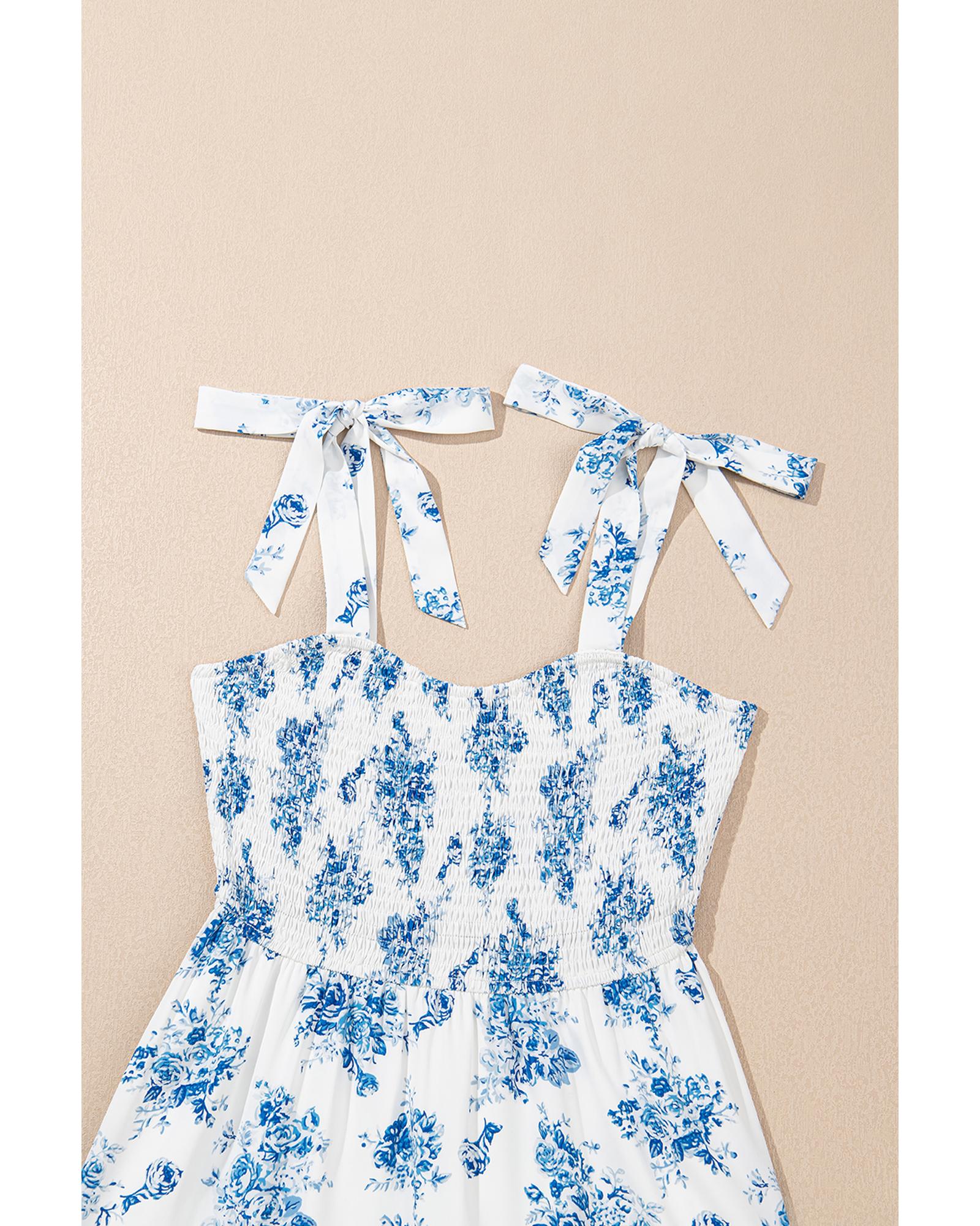 Sky Blue Floral Print Shirred Knot Shoulder Sleeveless Long Dress - M