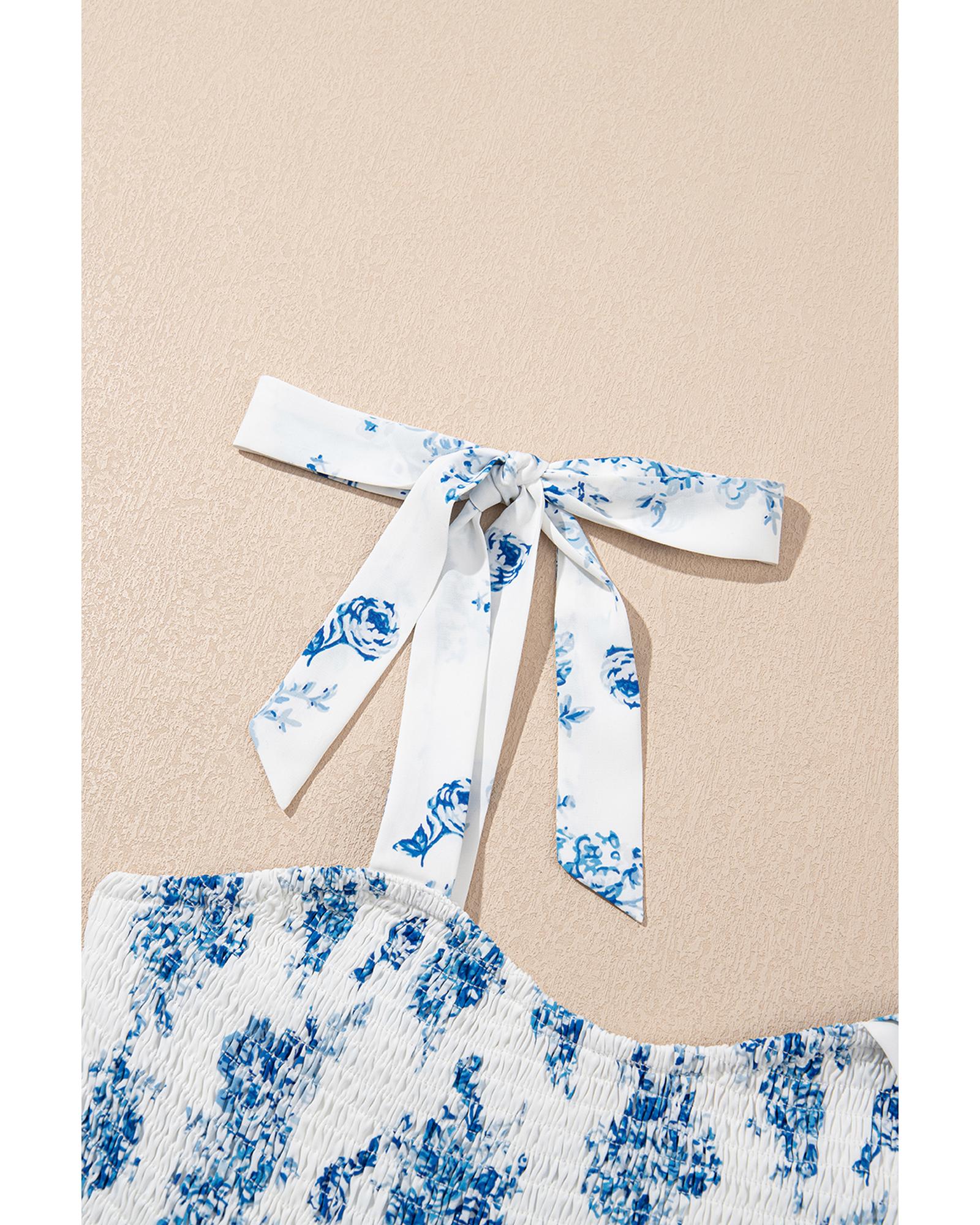 Sky Blue Floral Print Shirred Knot Shoulder Sleeveless Long Dress - M