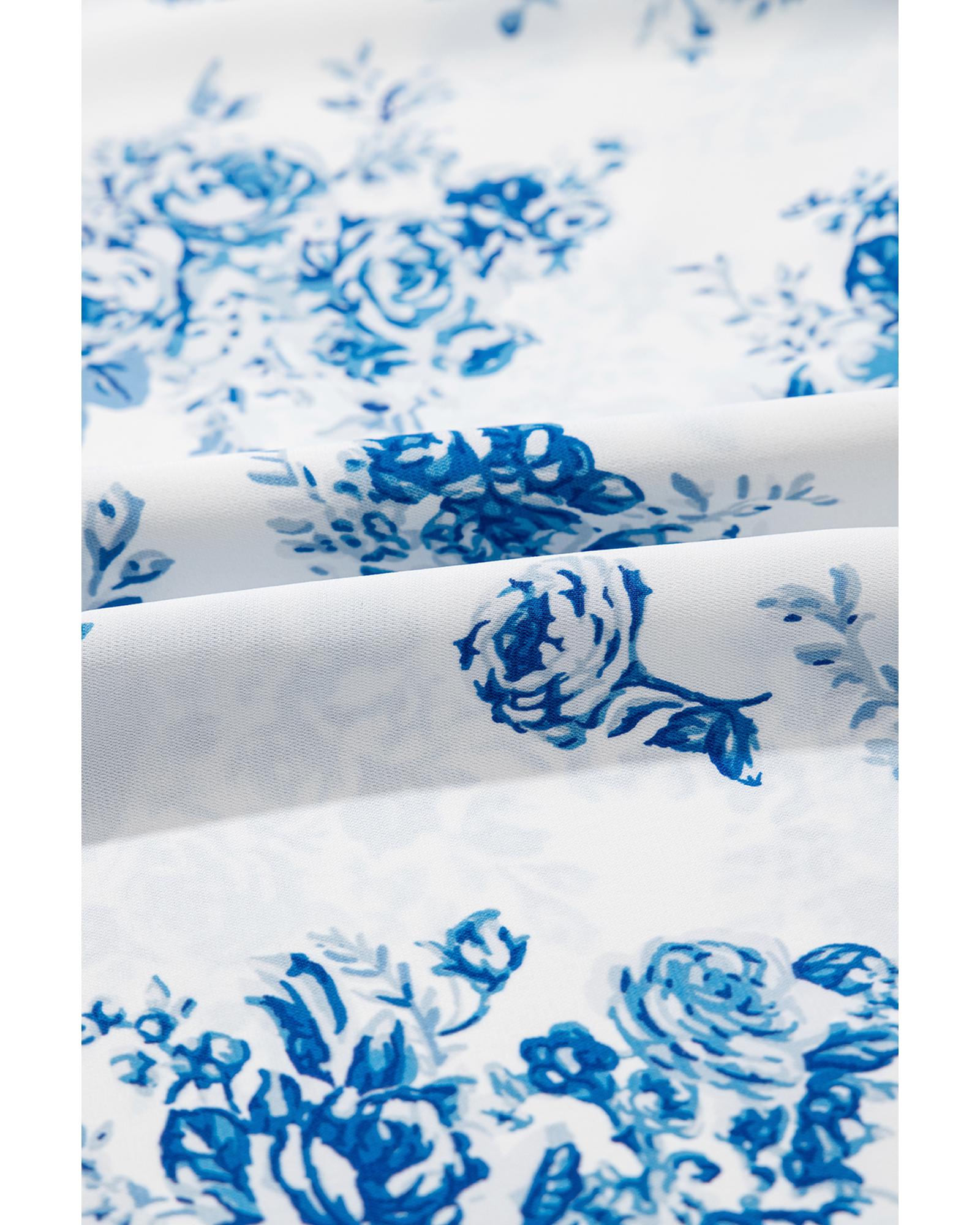 Sky Blue Floral Print Shirred Knot Shoulder Sleeveless Long Dress - M