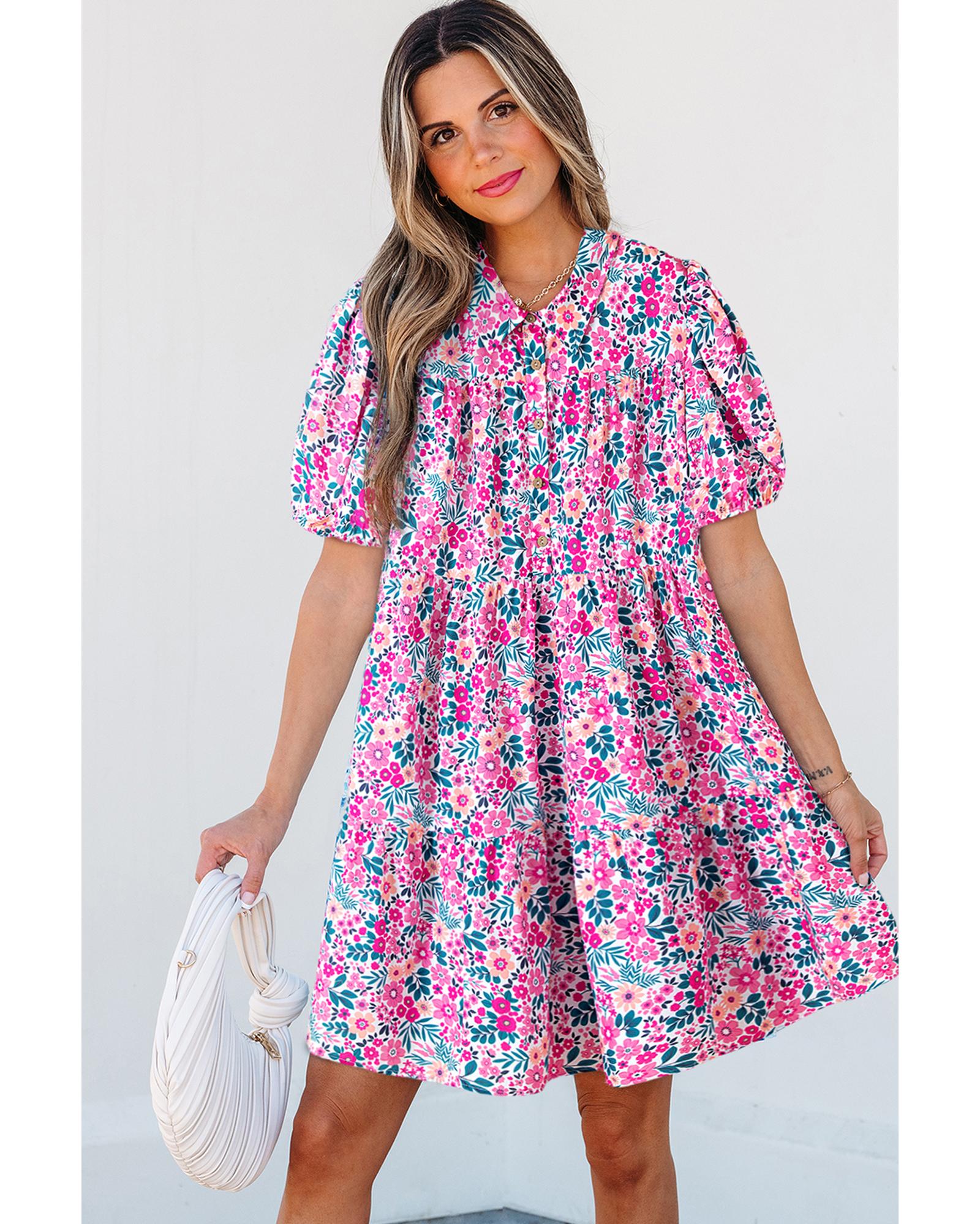 Pink Floral Collared Half Placket Short Sleeve Loose Dress - L