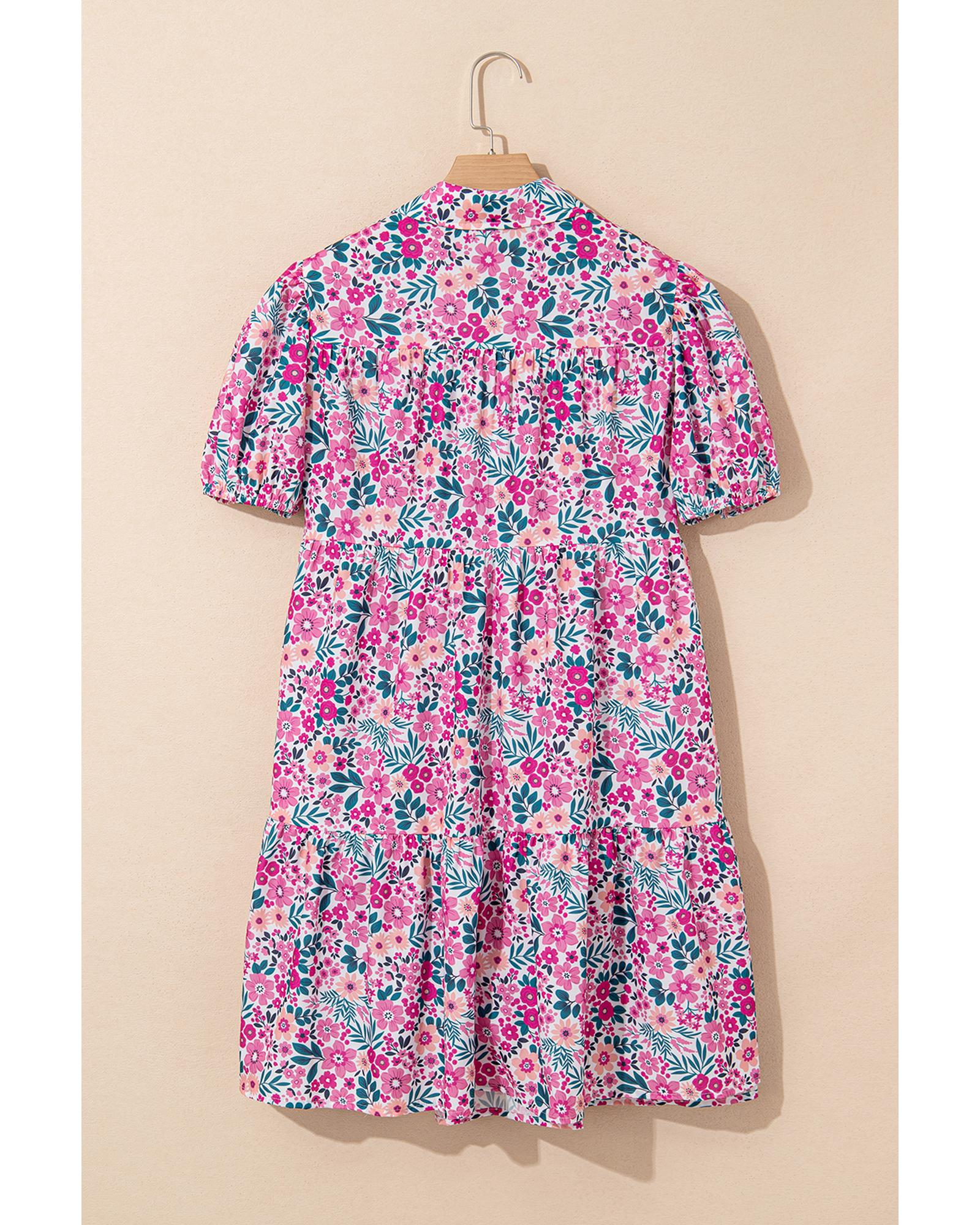 Pink Floral Collared Half Placket Short Sleeve Loose Dress - L