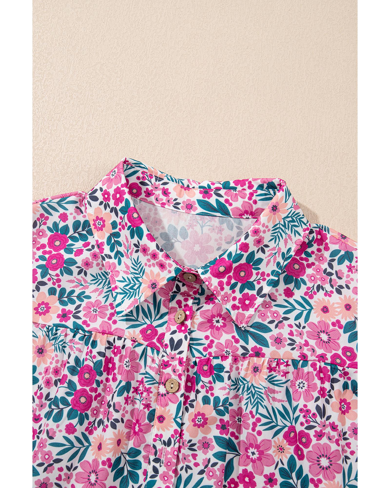 Pink Floral Collared Half Placket Short Sleeve Loose Dress - L