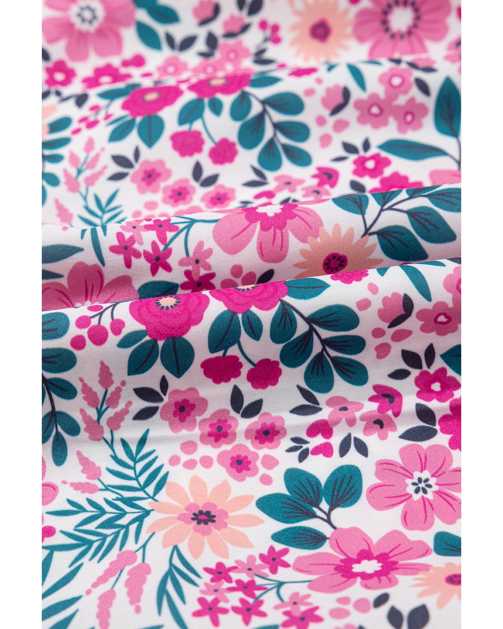 Pink Floral Collared Half Placket Short Sleeve Loose Dress - L