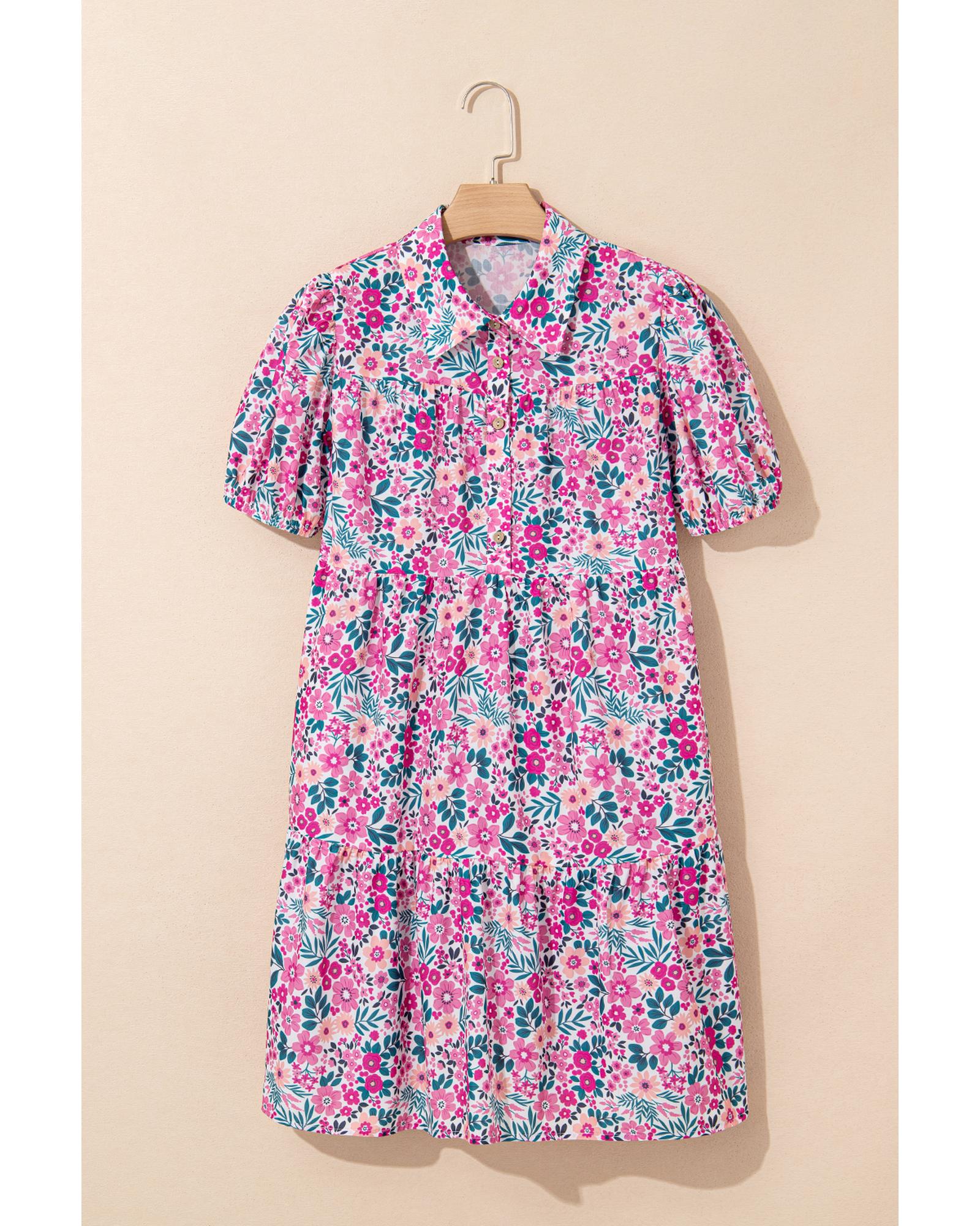 Pink Floral Collared Half Placket Short Sleeve Loose Dress - S