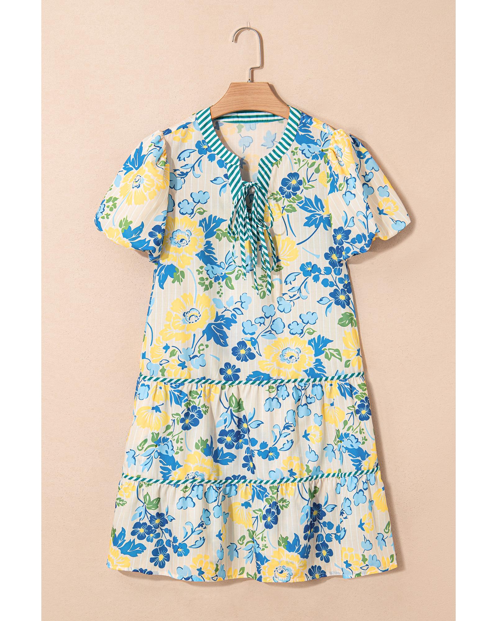 Blue Floral Striped Trim Puff Short Sleeve Dress - L
