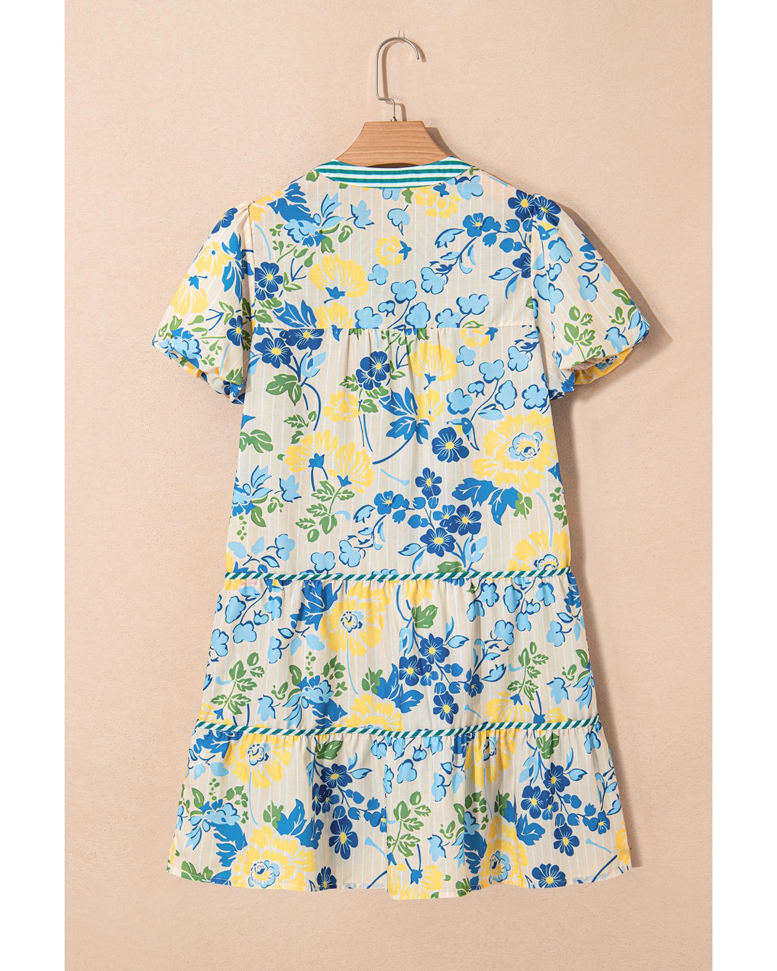 Blue Floral Striped Trim Puff Short Sleeve Dress - L