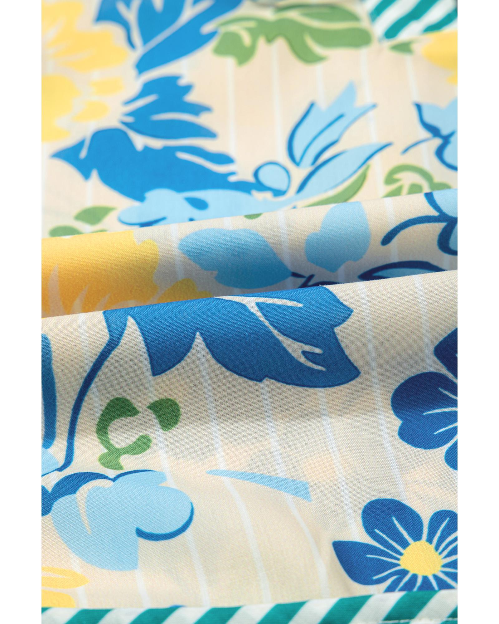 Blue Floral Striped Trim Puff Short Sleeve Dress - L