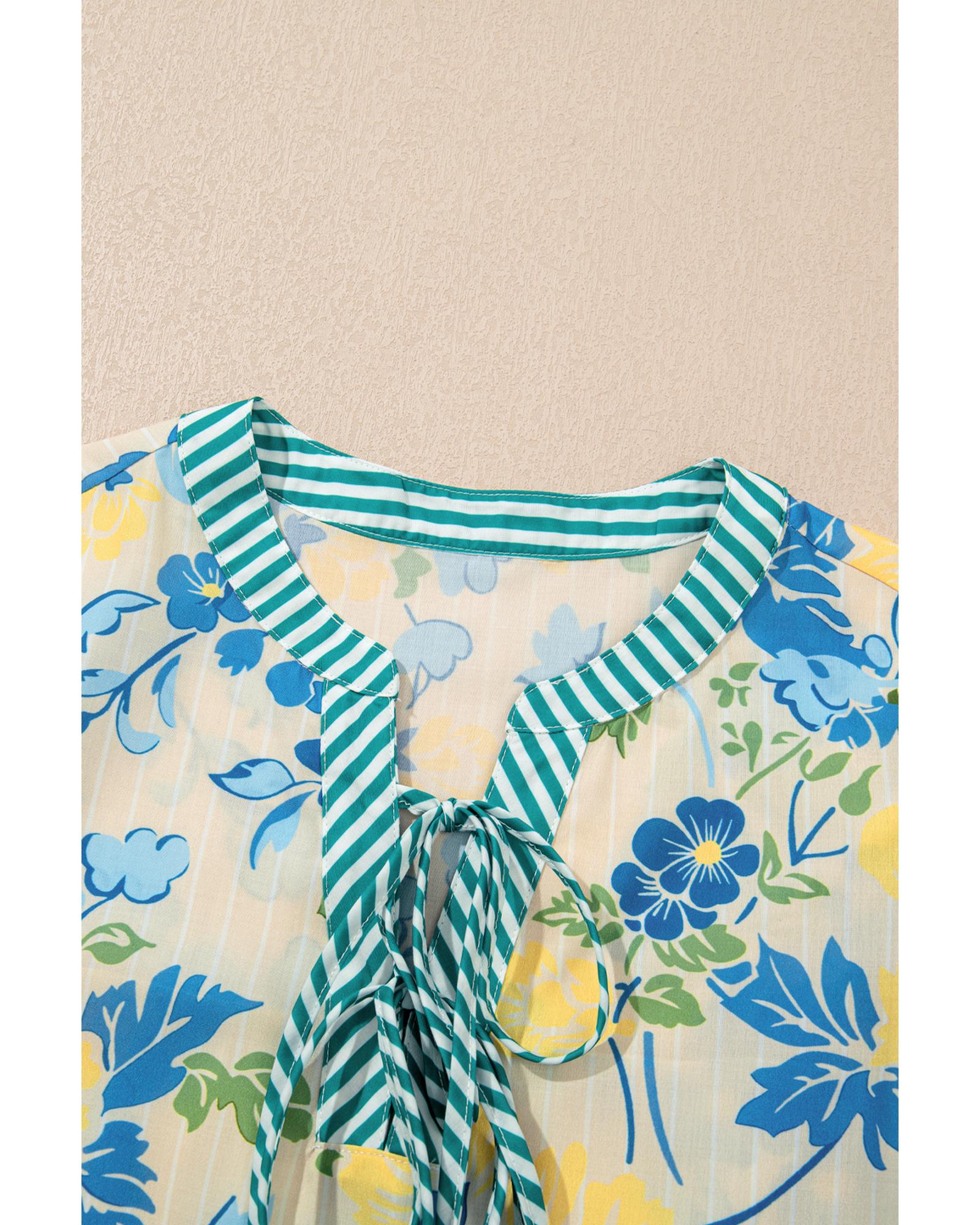 Blue Floral Striped Trim Puff Short Sleeve Dress - XL