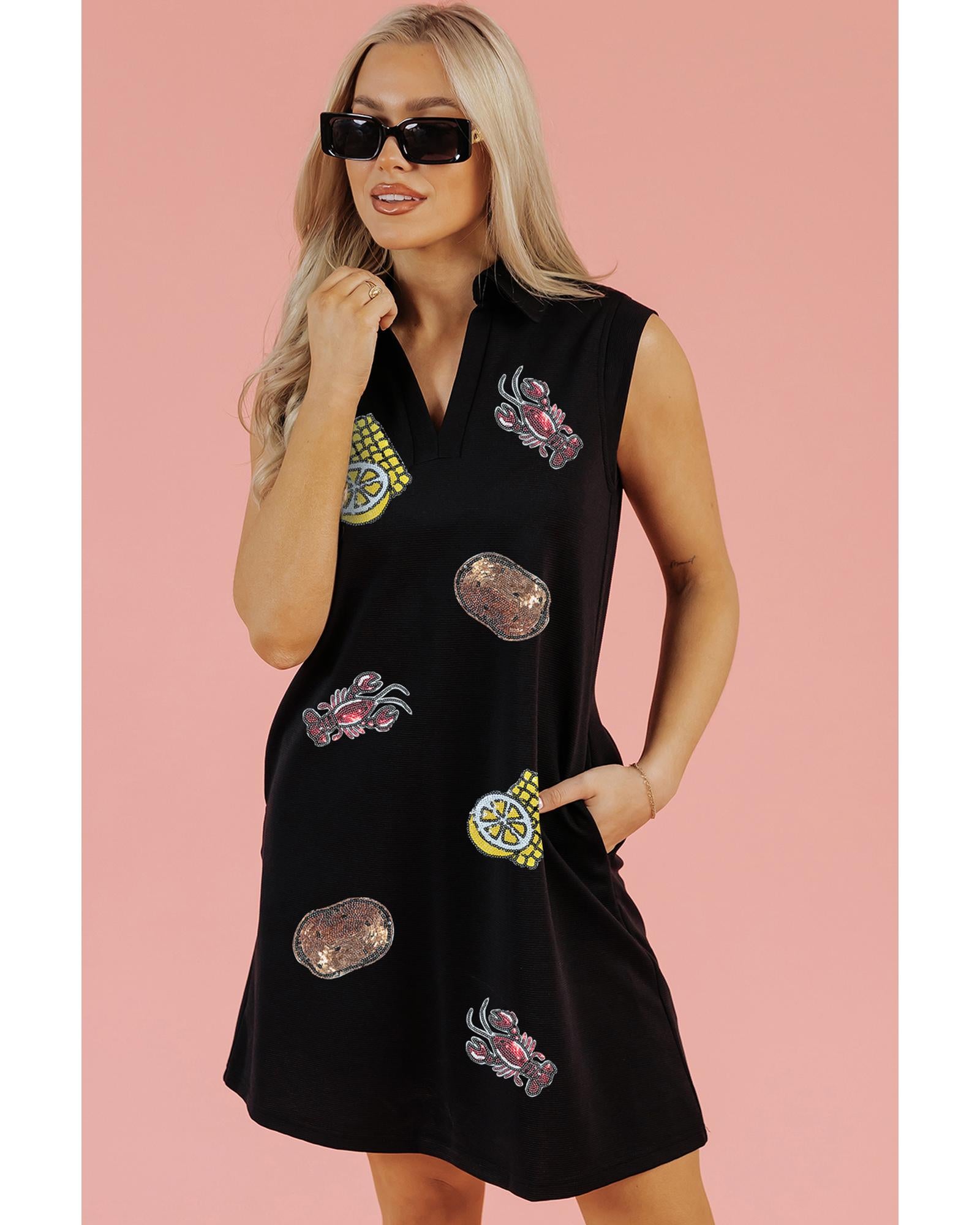 Black Sequin Patched V Neck Collared Mini Dress - XL