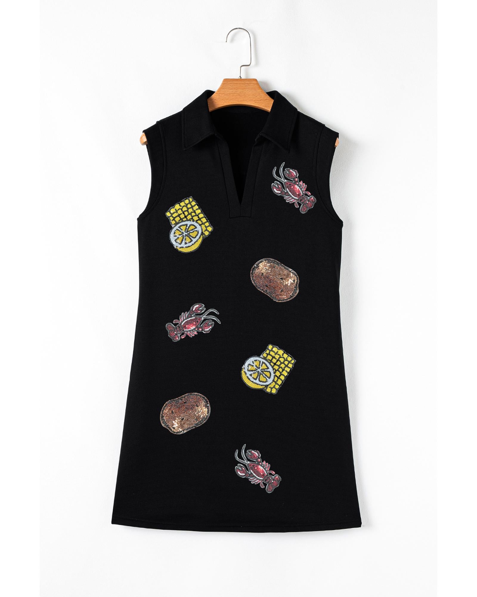 Black Sequin Patched V Neck Collared Mini Dress - XL