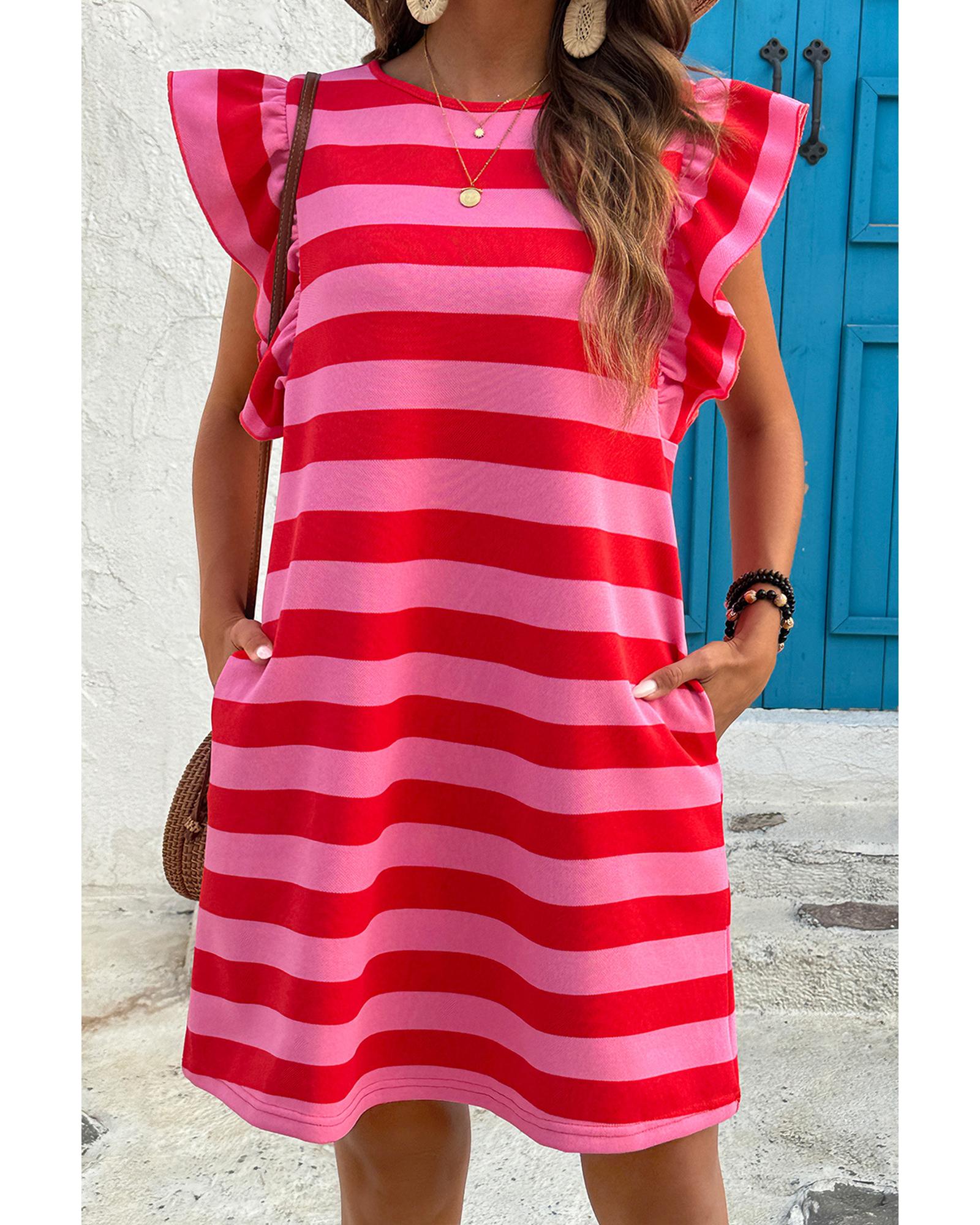 Red Stripe Flutter Sleeve Round Neck Shift Dress - S