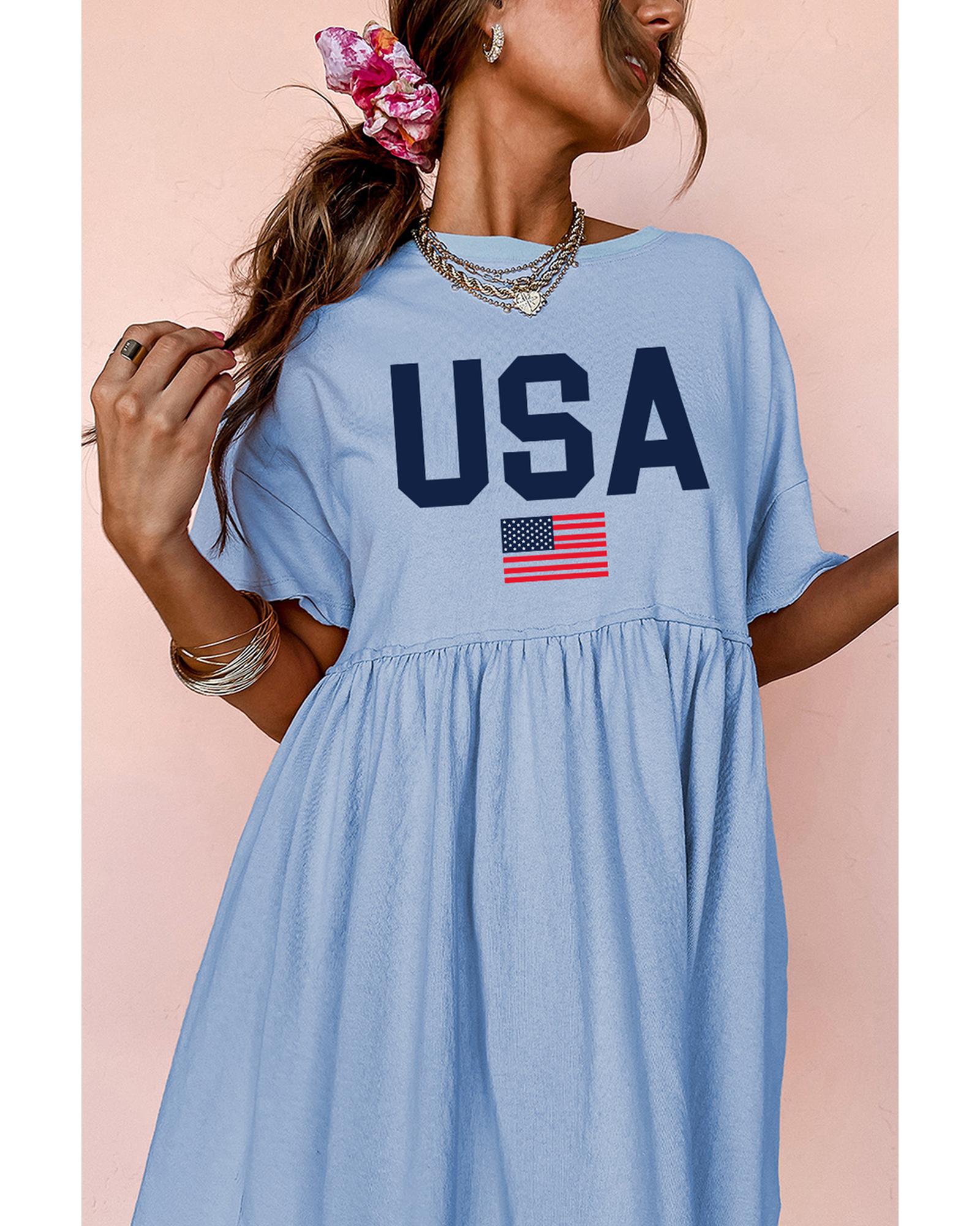 Sky Blue USA Flag Print Short Sleeve High Waist Babydoll Dress - M