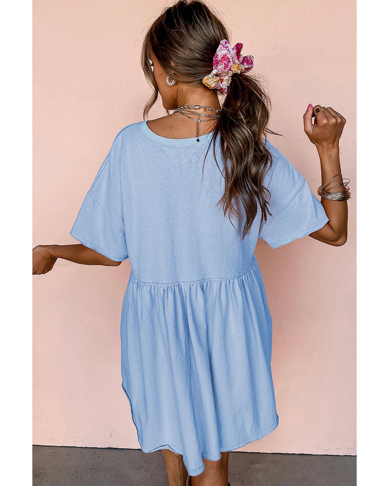 Sky Blue USA Flag Print Short Sleeve High Waist Babydoll Dress - M