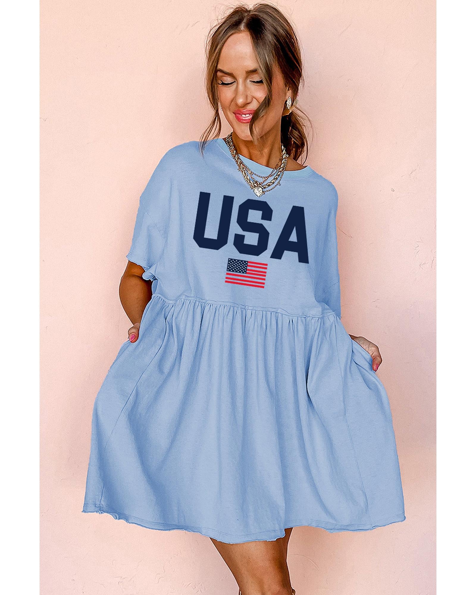 Sky Blue USA Flag Print Short Sleeve High Waist Babydoll Dress - M