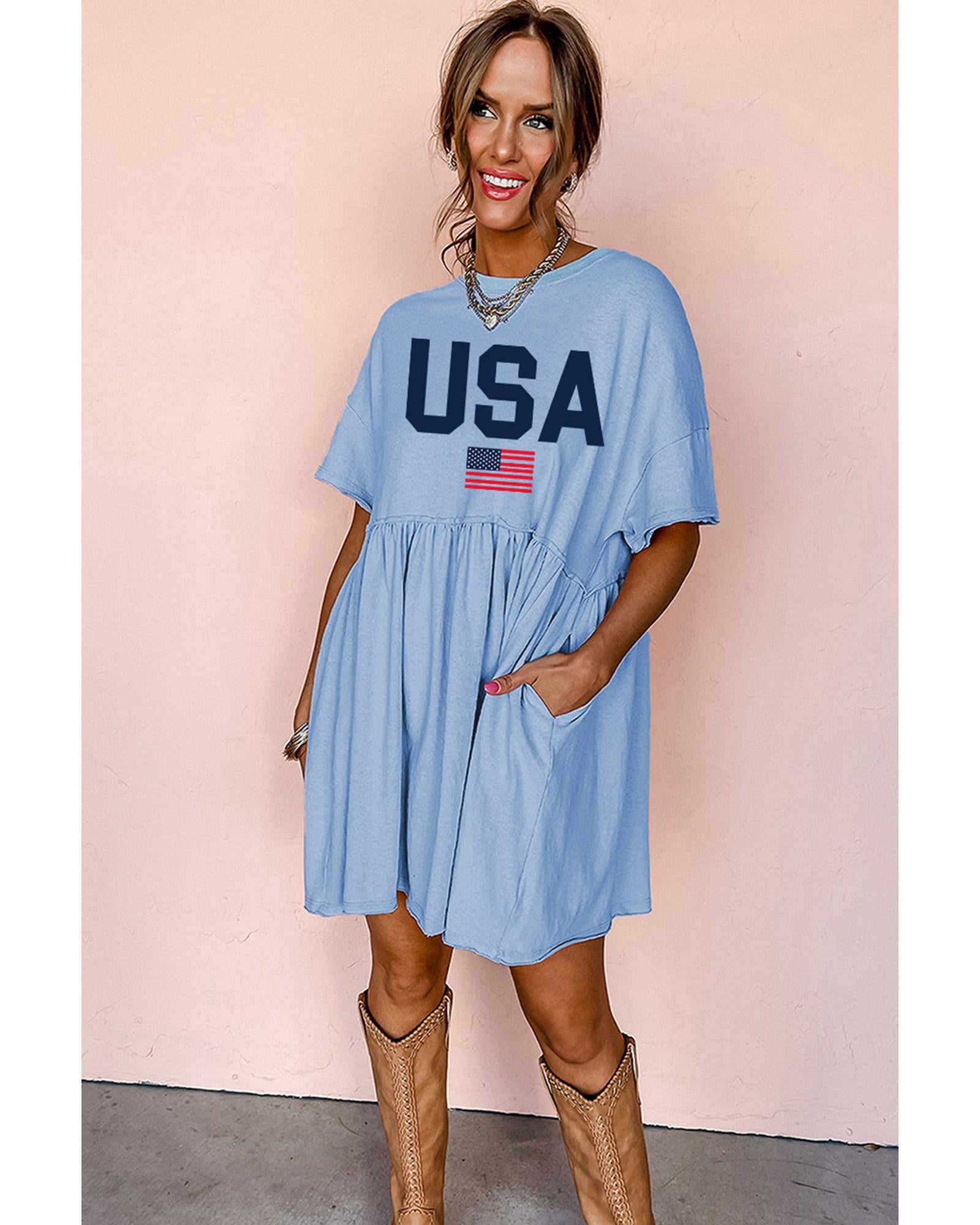 Sky Blue USA Flag Print Short Sleeve High Waist Babydoll Dress - M