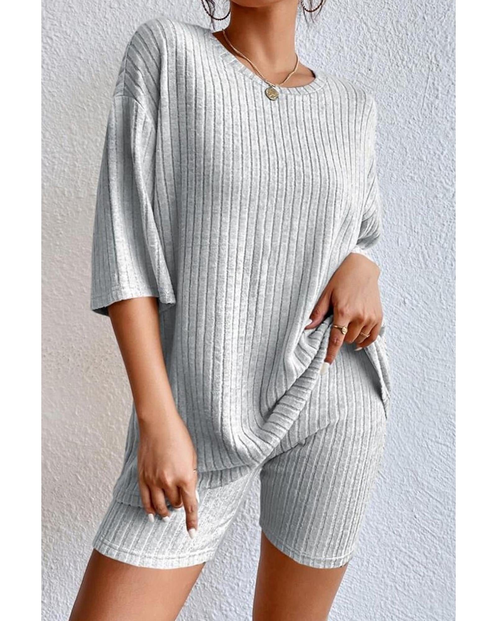 Gray Plain Ribbed Loose Fit Two Piece Lounge Set - L