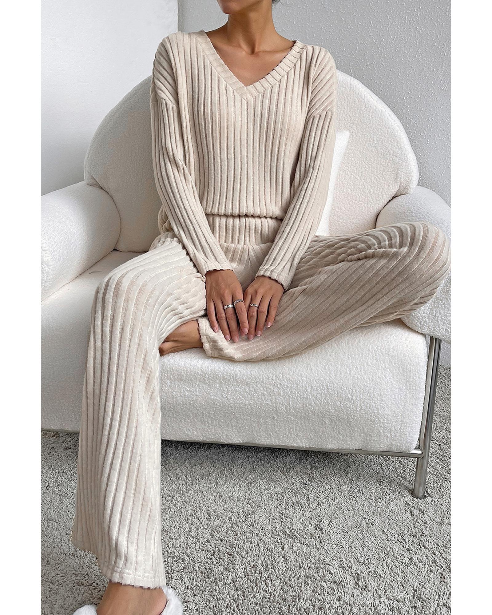 Khaki Ribbed Knit V Neck Slouchy Two-piece Outfit - S