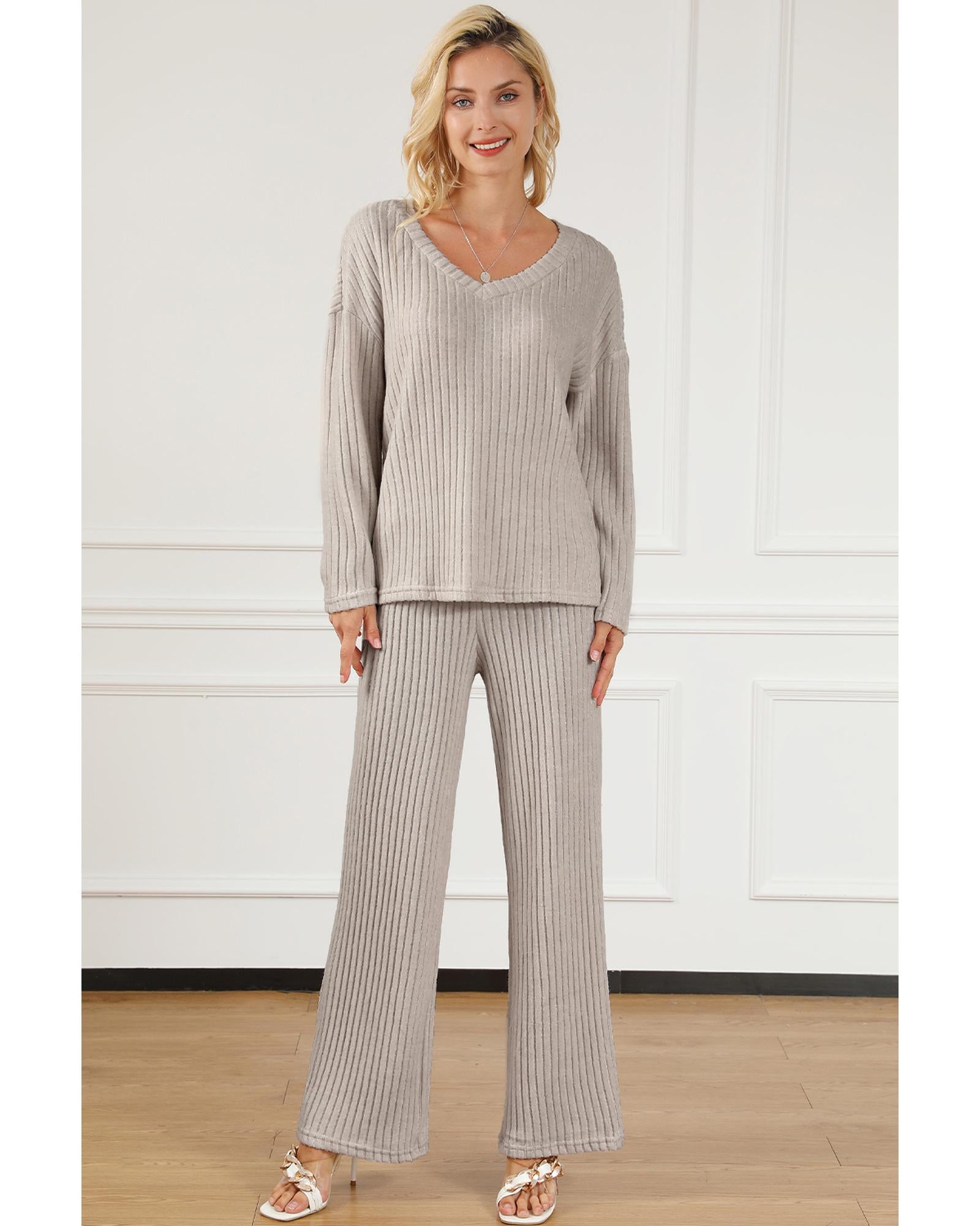Khaki Ribbed Knit V Neck Slouchy Two-piece Outfit - S